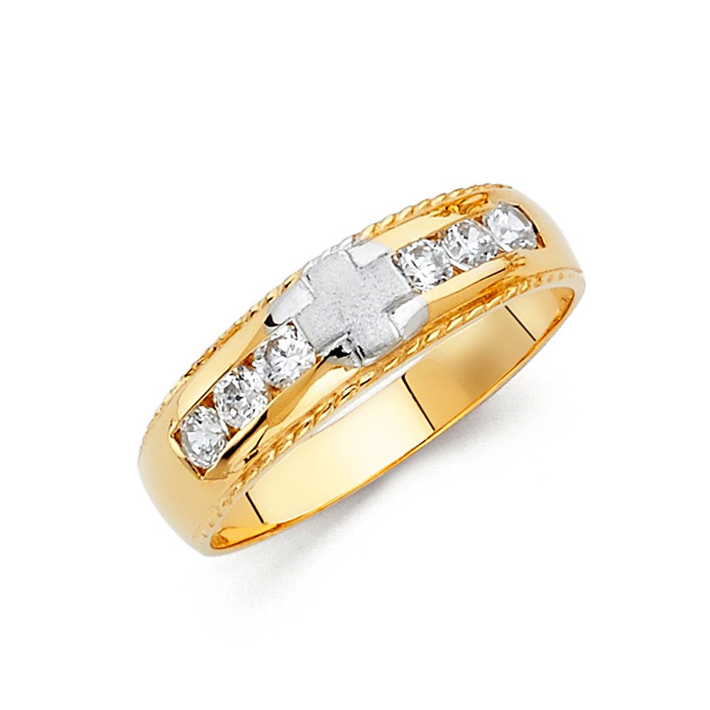 14K White & Yellow Gold Two-Tone Men's Wedding Band Ring with Round Cubic Zirconia - Anniversary Gift for Him, Engagement Jewelry, FB Jewels    Perfect for weddings, anniversaries, engagements, or as a stylish everyday accessory.