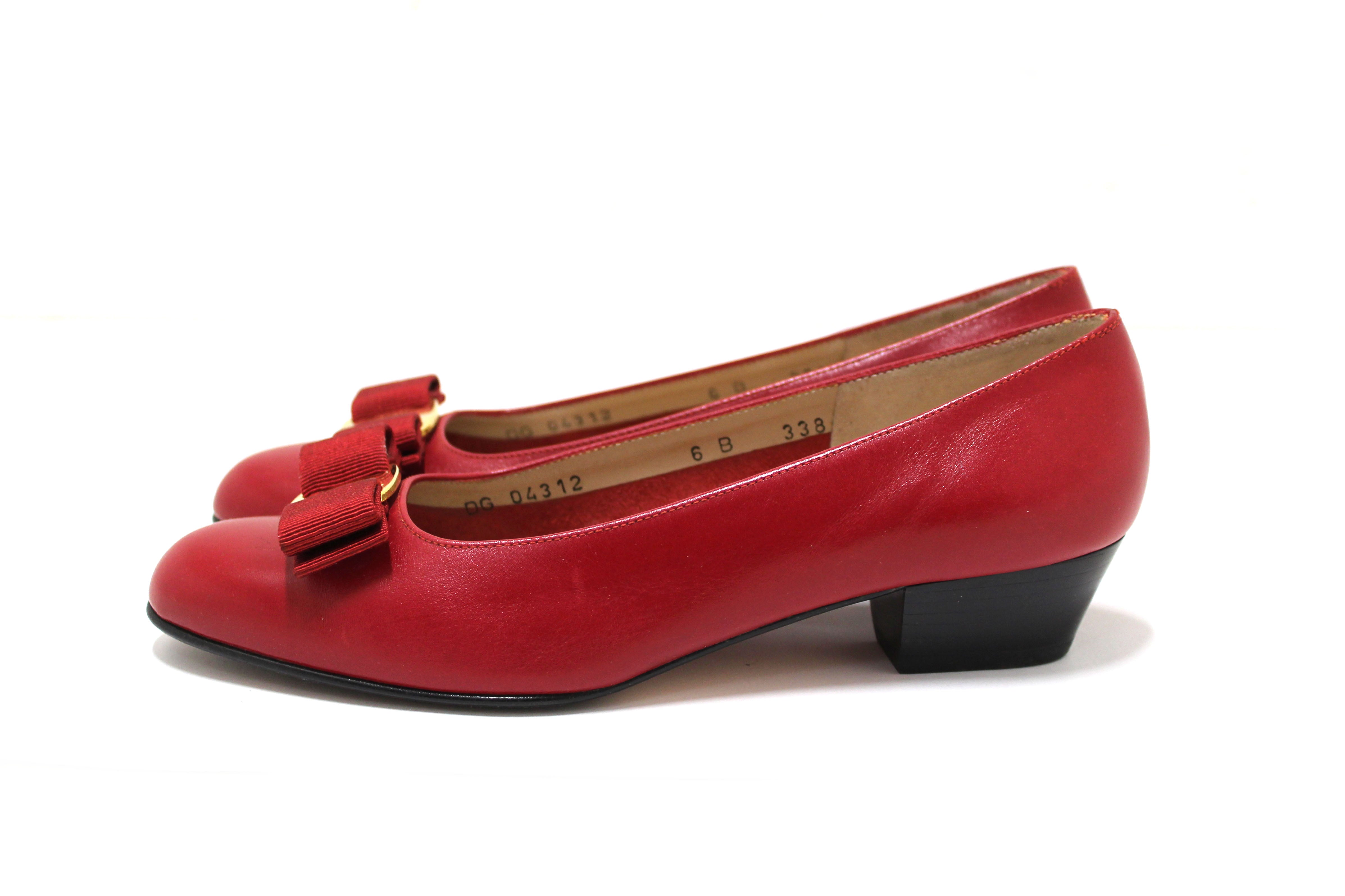 Authentic Salvatore Ferragamo Women's Red Leather Kitten Heel Pumps with Bow - Size 6B (US) - Perfect for Office, Cocktail Parties & Special Occasions