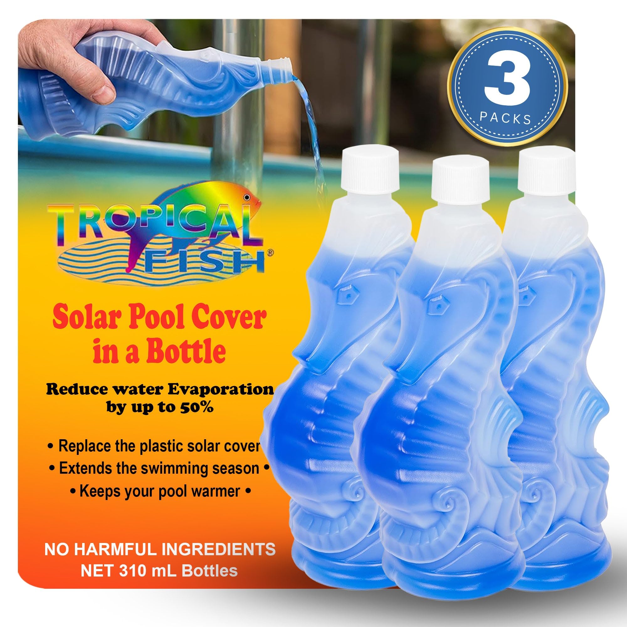 Tropical Fish Liquid Solar Blanket - Heat Retention & Evaporation Control for Pools - 310mL (Pack of 3) | Solar Pool Cover Alternative for Energy Savings & Water Conservation | Ideal for Backyard, Inground & Above Ground Pools