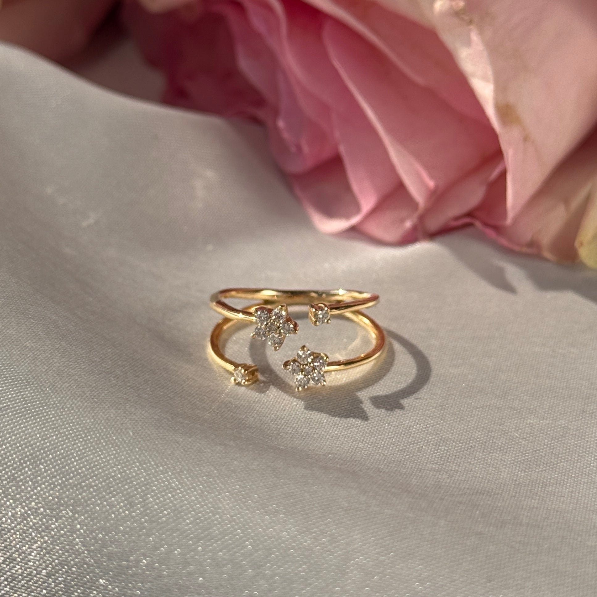 14k Yellow Gold Floating Diamond Flower Wrap Ring - Elegant Stackable Band for Everyday Wear & Special Occasions