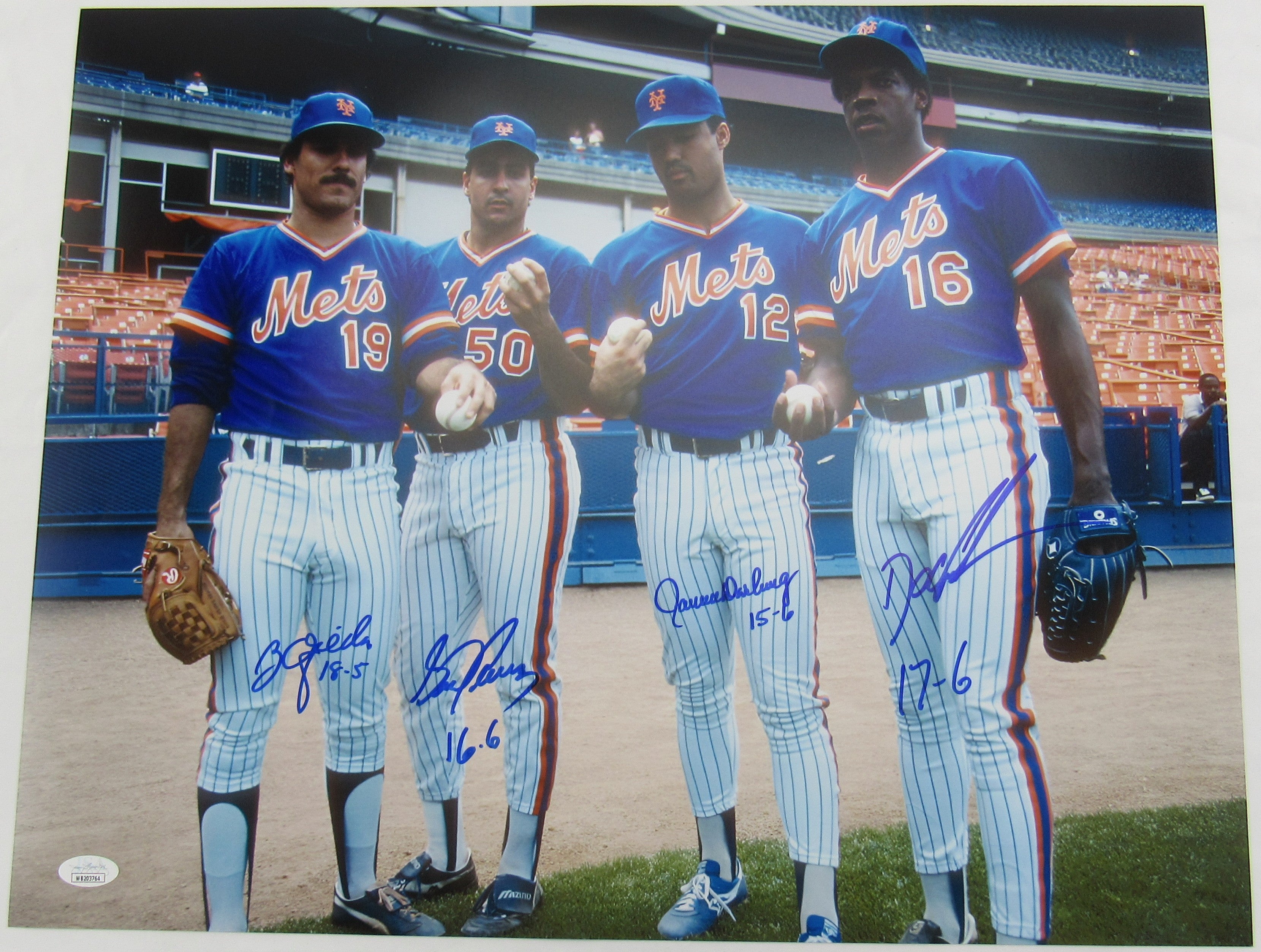 1986 New York Mets Autographed Baseball Photo - Dwight Gooden, Ron Darling, Sid Fernandez, Bob Ojeda - JSA Certified 16x20 Framed Memorabilia - Perfect for Mets Fans, Sports Collectors, and Man Cave Decor