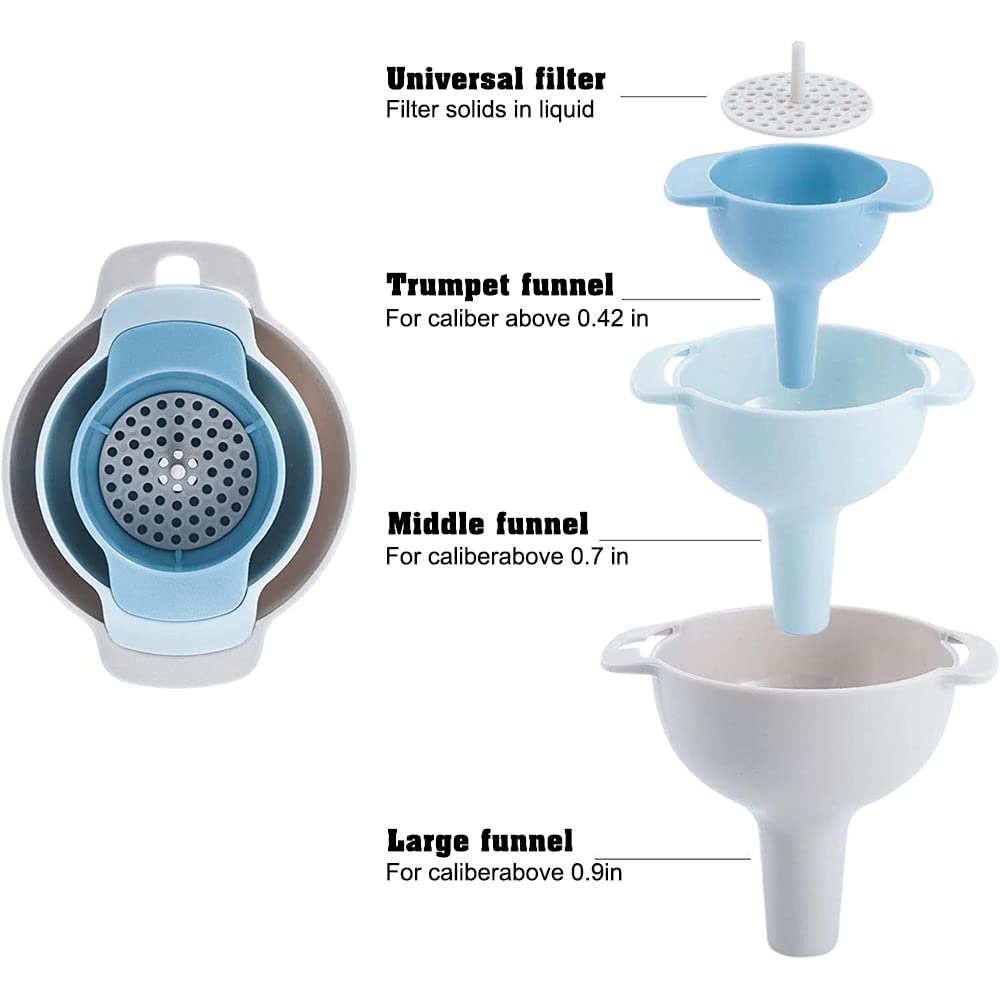 NZKNP 4-in-1 Kitchen Funnel Set - BPA-Free Plastic, 3 Sizes with Detachable Strainer, Easy to Clean & Store for Cooking, Baking, and Liquid Transfer