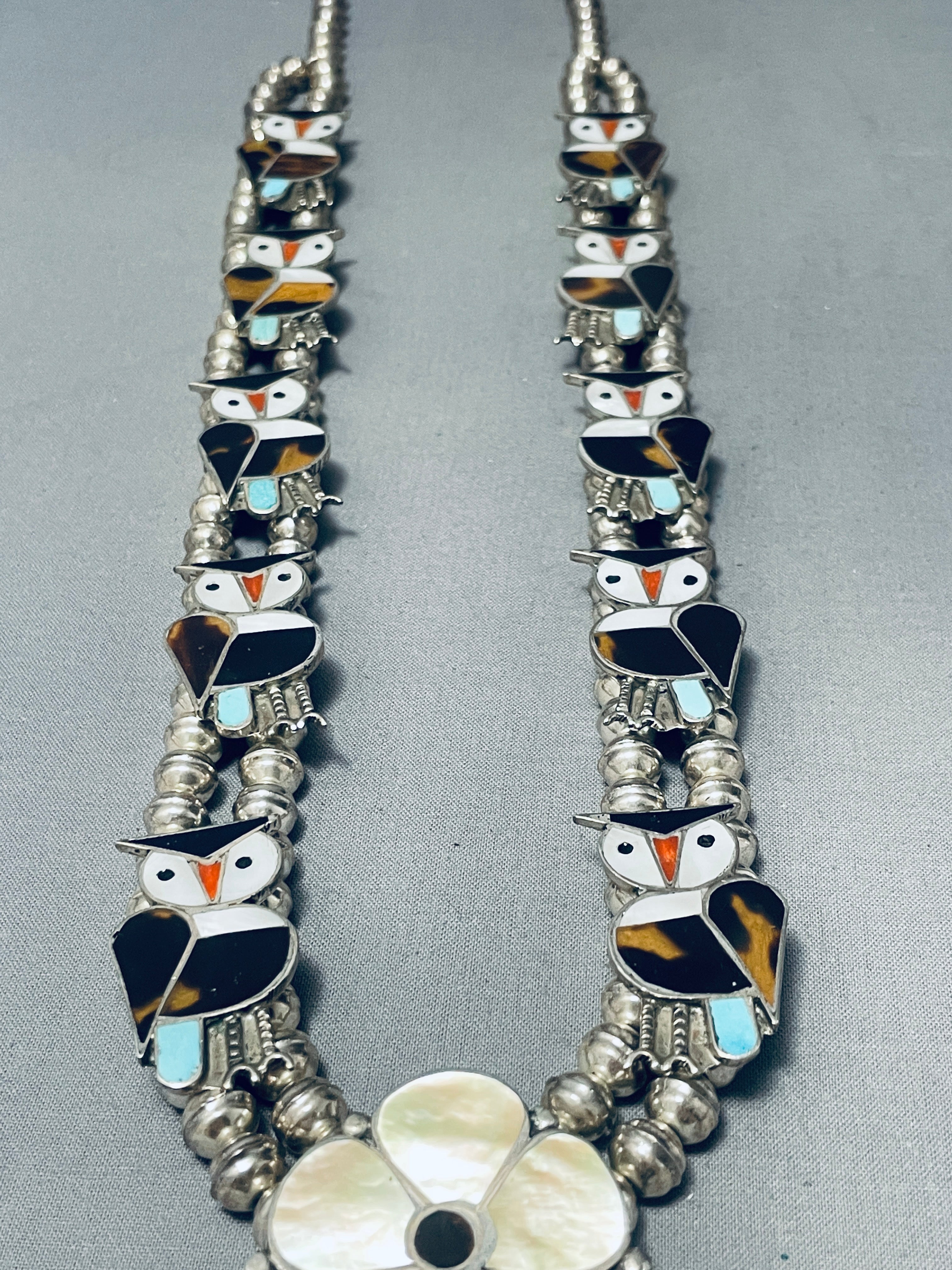 Vintage 1970s Zuni Native American Owl Sterling Silver Squash Blossom Necklace - 149g Handcrafted Inlay Jewelry for Boho Fashion & Southwest Style Outfits
