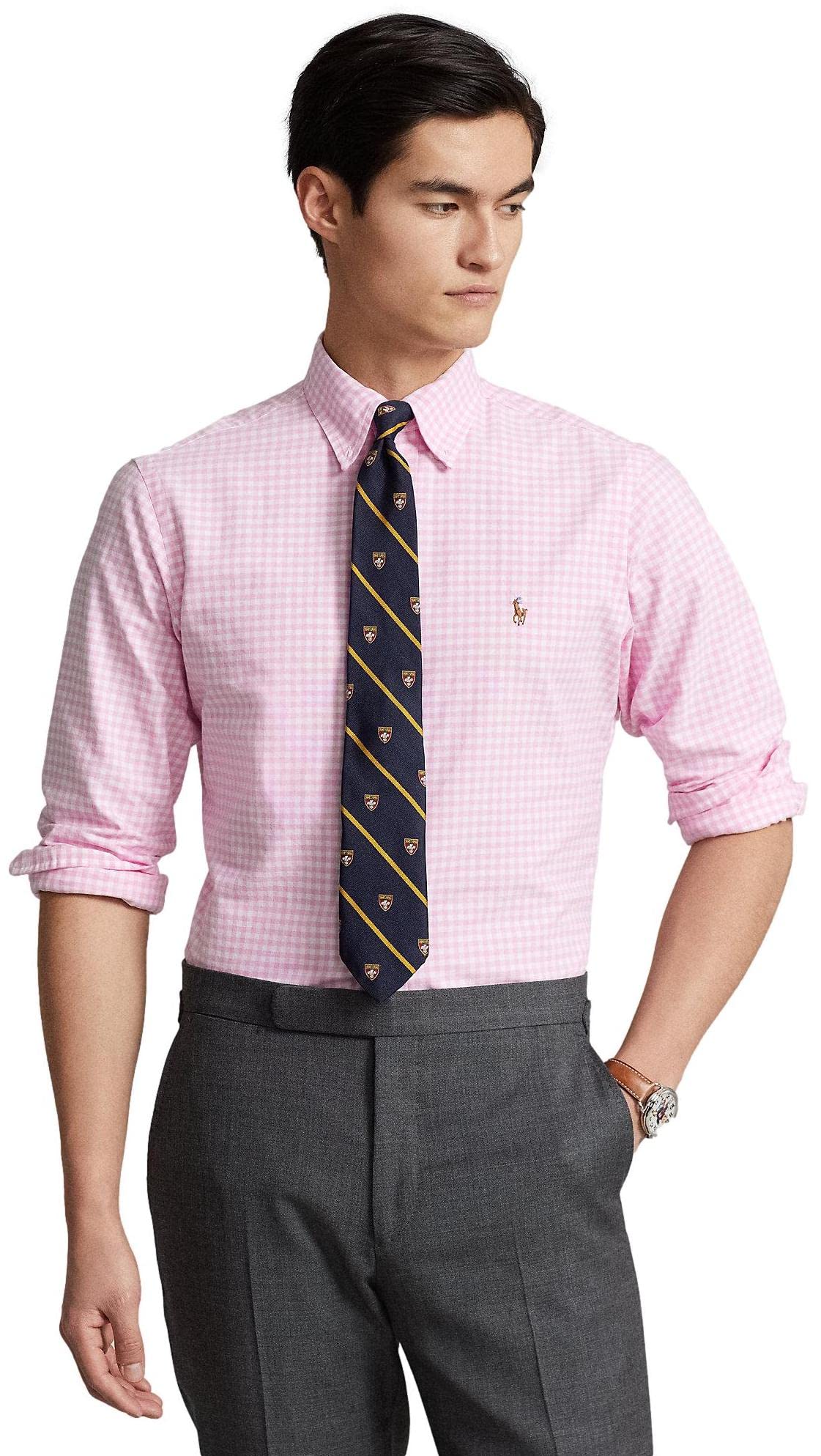 Ralph Lauren Men's Long Sleeve Oxford Button Down Shirt - Classic Checkered Pink Casual Dress Shirt for Business & Office Wear (XXL)
