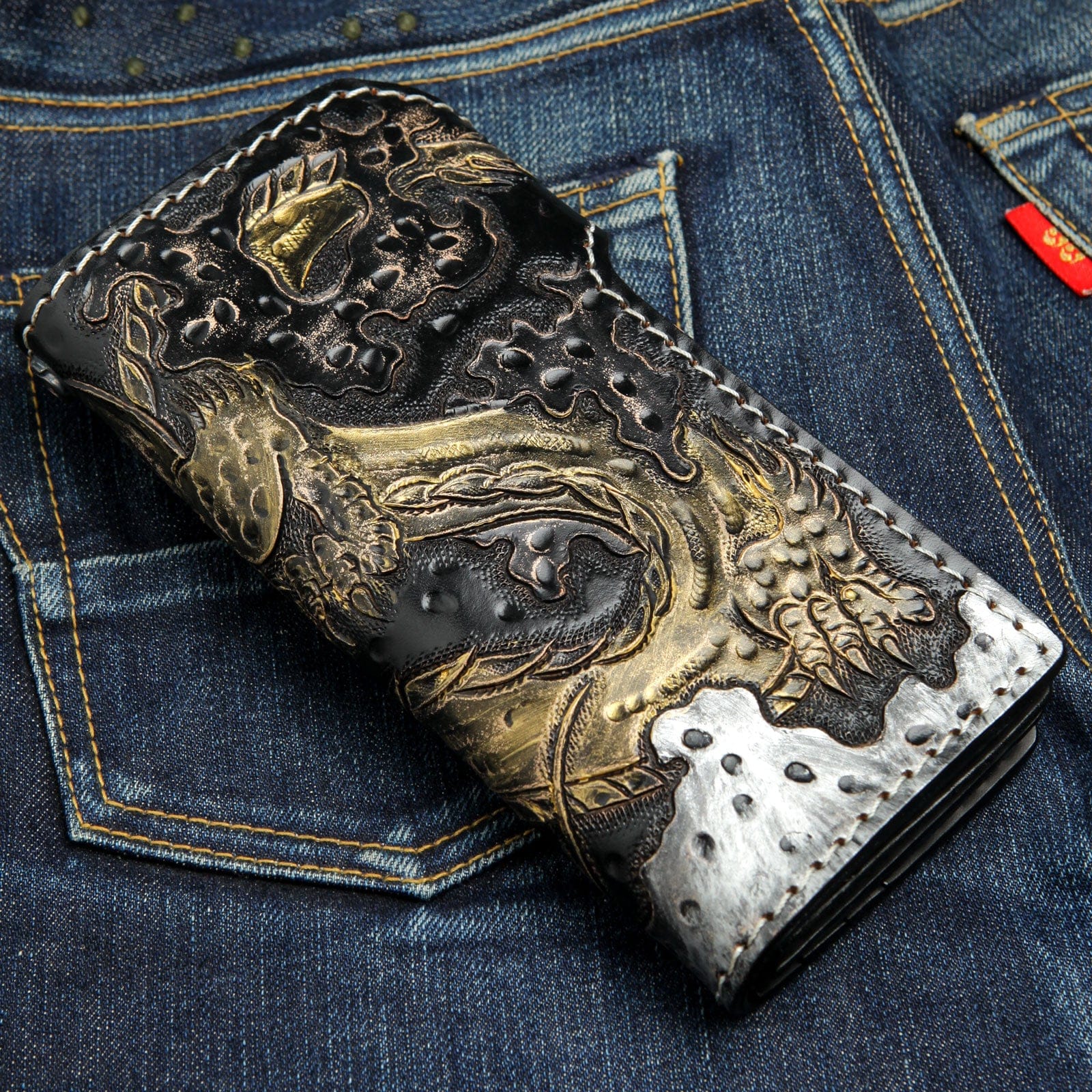 Golden Emperor Dragon Leather Biker Wallet for Men - Stylish RFID Blocking Motorcycle Wallet - Perfect for Biking, Travel & Everyday Use
