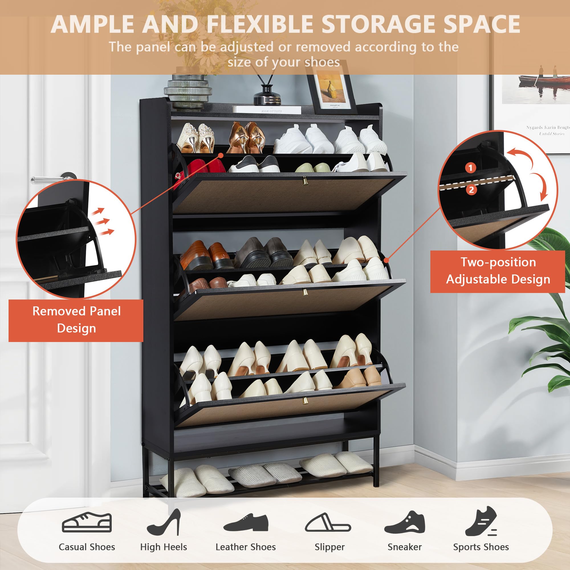 LEVNARY 3-Tier Flip Drawer Shoe Storage Cabinet - Freestanding Wooden Shoe Organizer with Metal Legs for Entryway, Hallway & Closet - Space Saving Narrow Shoe Rack for Sneakers, Boots & Heels (Black)