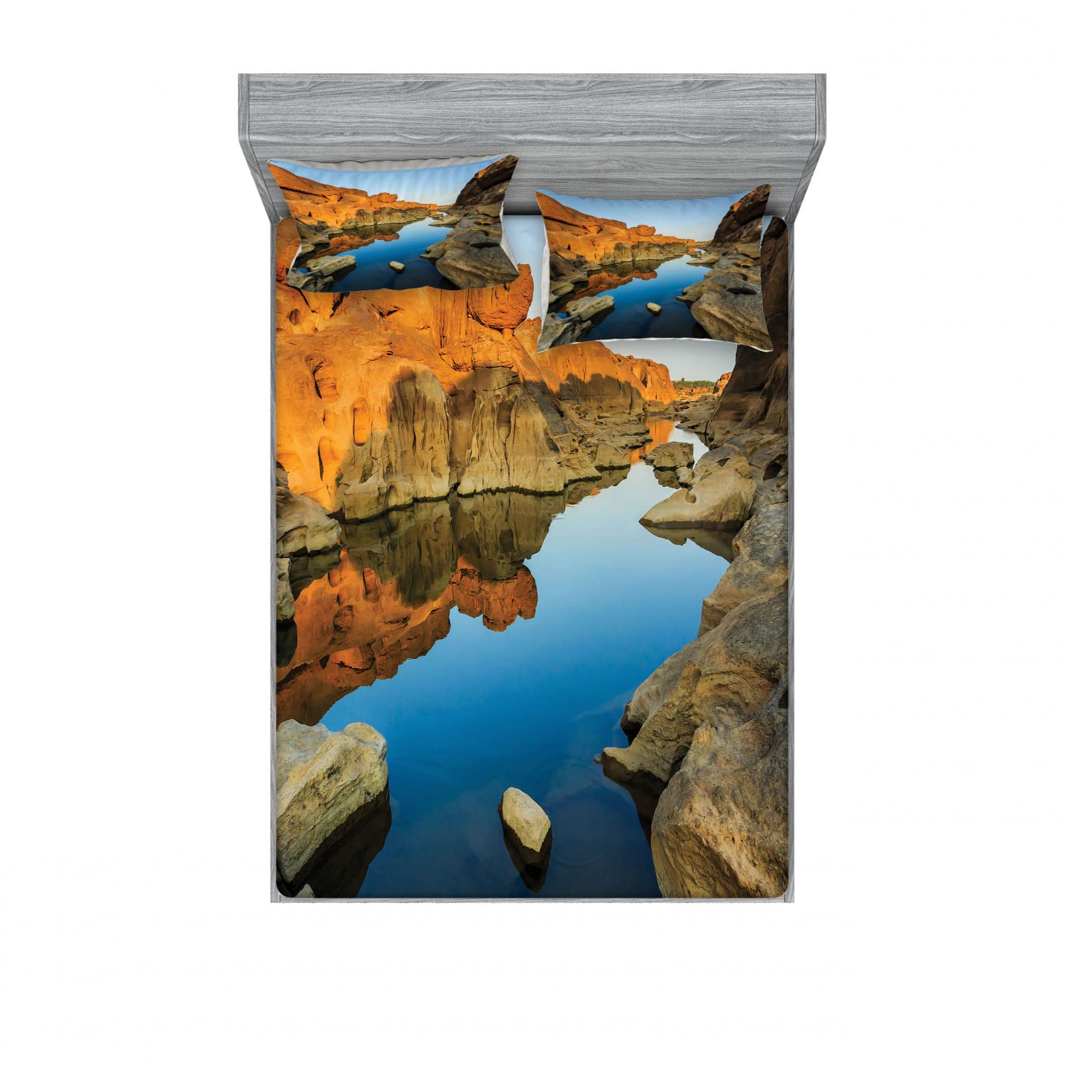 Ambesonne 2-Pack Queen Size Fitted Sheet Set with 4 Pillow Shams - River Between Cliffs Nature Design in Blue & Orange - Soft Bedding for Guest Rooms, Vacation Homes & Dorm Decor