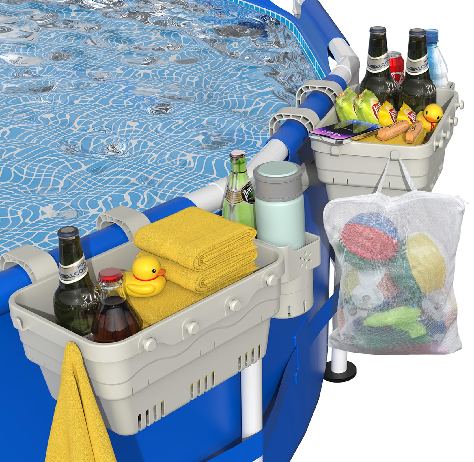 2-Pack Off White Poolside Storage Basket with Cup Holder, Mesh Bag & Support Bar - Durable Above Ground Pool Accessories for Swimming Pools | Perfect for Organizing Pool Toys, Drinks & Essentials by the Poolside