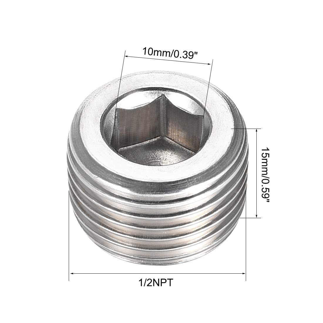 Stainless Steel 1/2NPT Male Thread Hex Countersunk Plug - Pipe Fitting Adapter Connector (2Pcs) for Plumbing, Hydraulic Systems & Industrial Applications