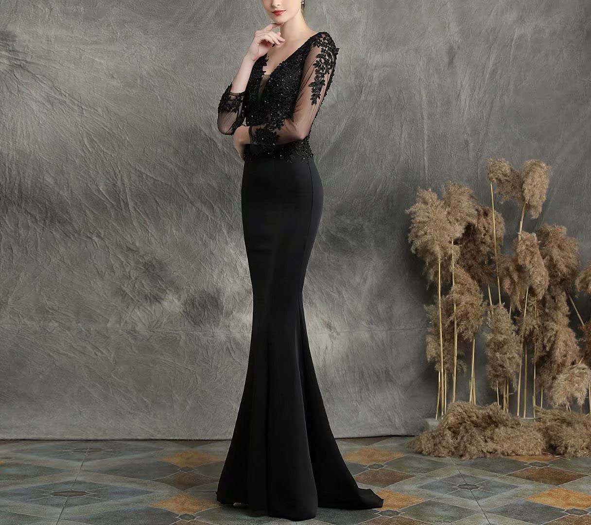 Elegant Mordarli Women's Lace Applique Mermaid Evening Gown - Long Formal Prom Dress with 3/4 Sleeves for Wedding, Party & Special Occasions