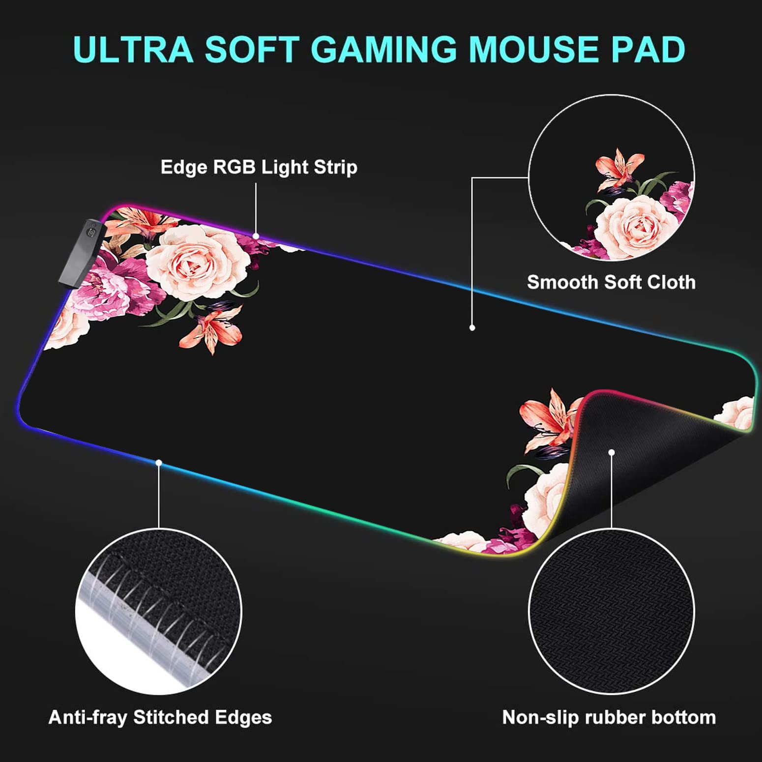 RGB Gaming Mouse Pad - Large LED Light-Up Desk Mat with Non-Slip Surface, Waterproof Design for PC Gamers | Perfect for Gaming Setups, Office Work & Streaming (Peony Flower Pattern)