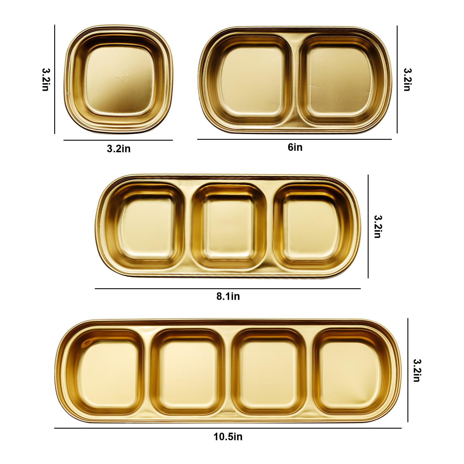 4 Pcs Stainless Steel Divided Dipping Plates - 1/2/3/4 Compartment Sauce Bowls for Soy, Vinegar & Spices | Condiment Tray for Home, Restaurant & Party Snacks | Perfect for Sushi, Dumplings & BBQ Dips