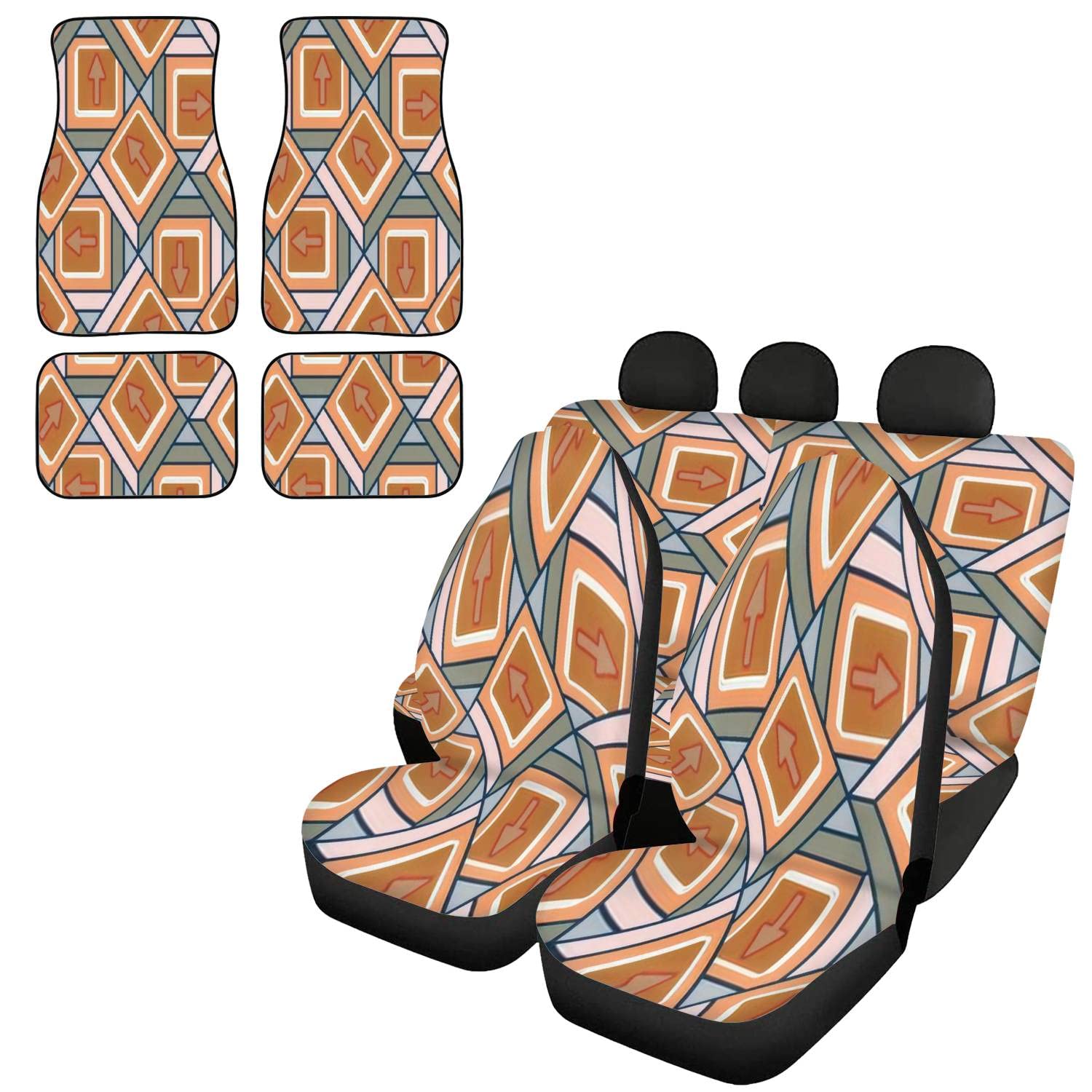 Universal 4-Piece Car Seat Covers Set with Abstract Arrow Design - Includes Front & Rear Seat Covers, Headrest Protectors, and Matching Floor Mats | Perfect for Auto Interior Decoration & Vehicle Protection