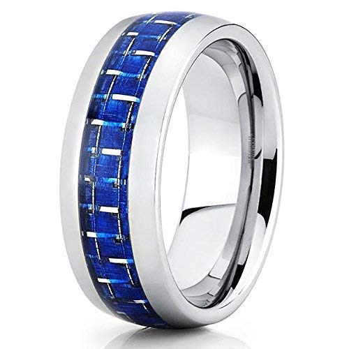Premium Carbon Fiber Blue Tungsten Wedding Band for Men & Women - 8mm Comfort Fit Anniversary & Engagement Ring - Ideal for Everyday Wear, Special Occasions & Couples Gifts
