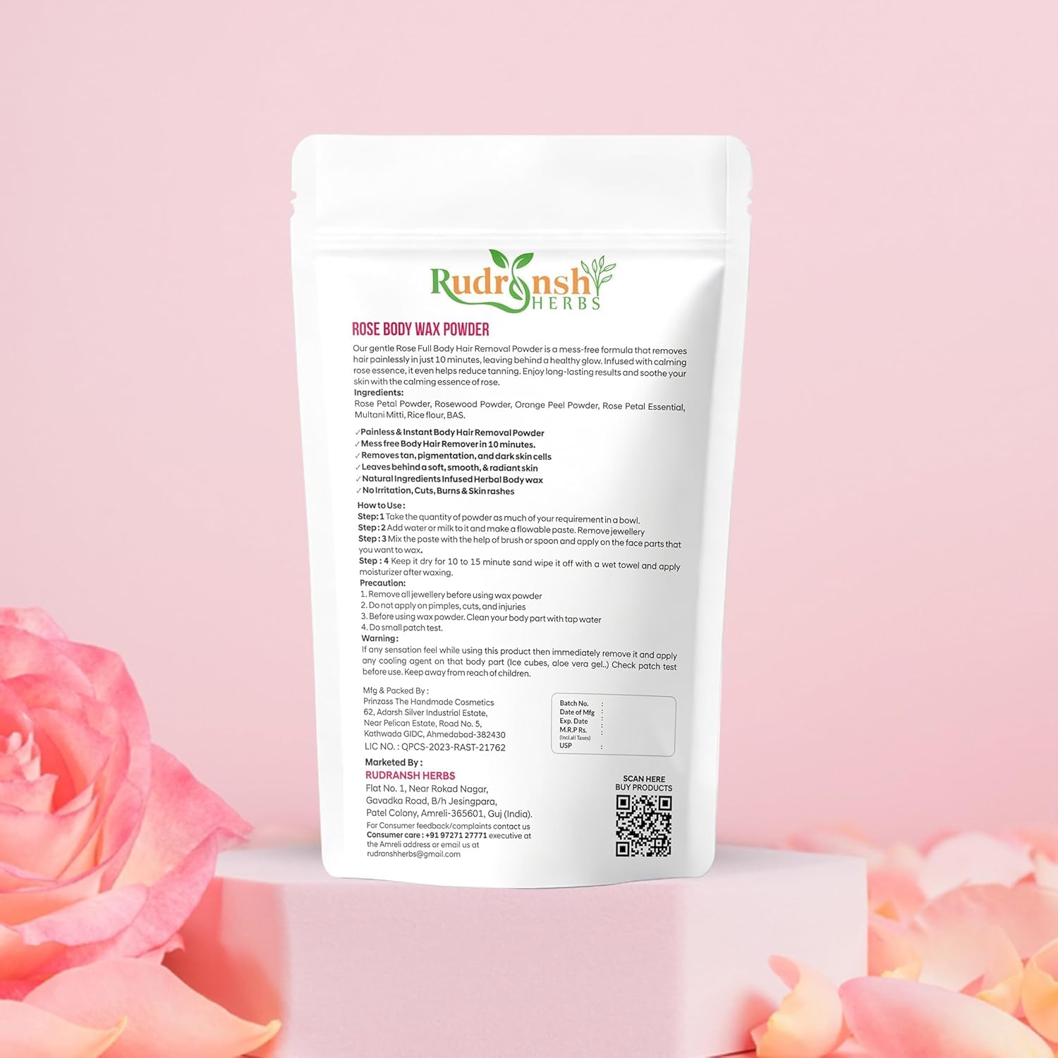 RUDRANSHh HERBS Rose Body Wax Powder - 100gm | Quick & Painless Hair Removal | Natural Herbal Wax with Rose Fragrance | Suitable for All Skin Types | Ideal for Smooth Legs, Arms & Bikini Line