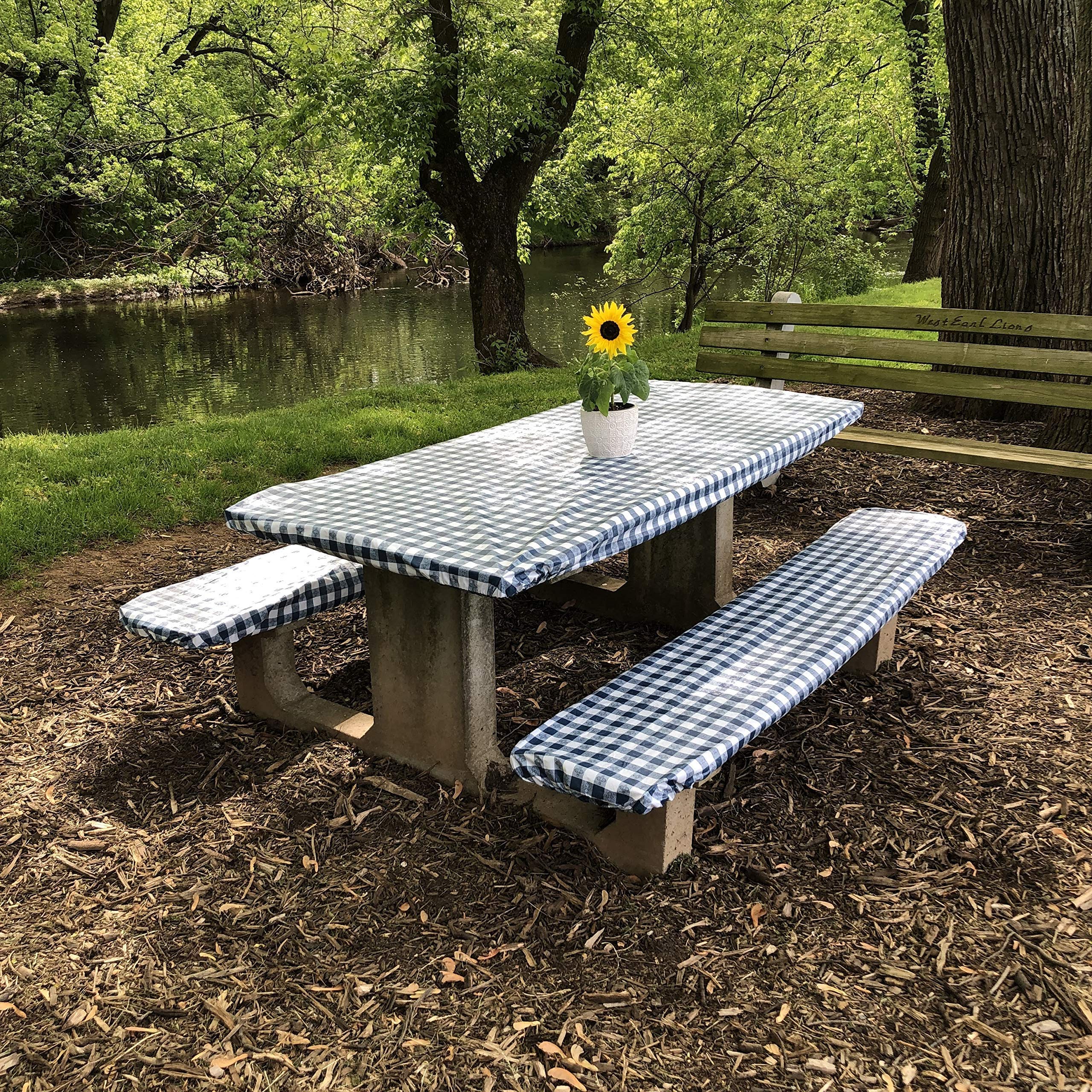 Waterproof Vinyl Tablecloth and Bench Cover Set - Handmade Boxwood & Mum Design, Adjustable Fitted Outdoor Patio Furniture Protector - Perfect for Dining Tables, Camping, Picnics & Outdoor Entertaining