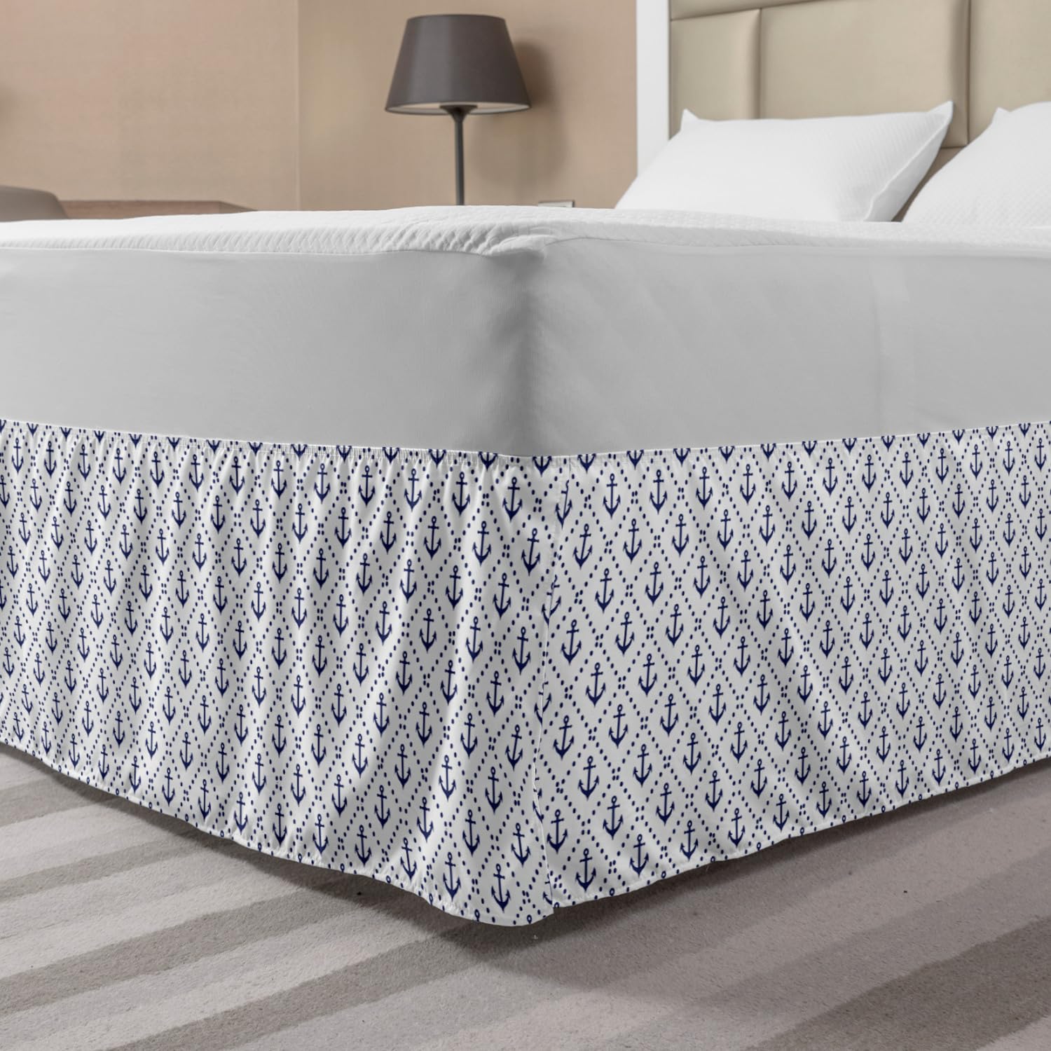Ambesonne Nautical Bed Skirt with Anchors & Diamond Dots - Navy Blue Marine Sailing Design Elastic Wrap Around Dust Ruffle for Queen Size Beds - Perfect for Coastal Bedroom Decor & Beach House Styling