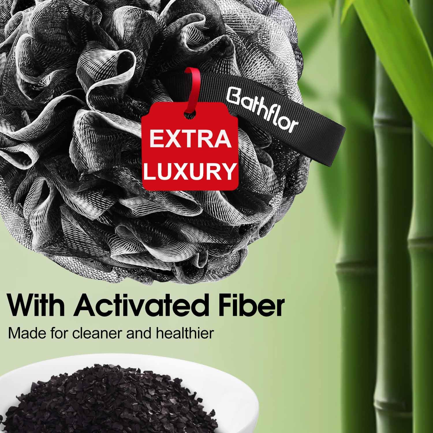 Premium Exfoliating Loofah Sponge Set - 4 Large 80g Shower Poufs + Back Scrubber with Long Handle + Luffa Hook - Charcoal Body Wash Scrub for Deep Cleansing - Perfect for Spa, Bath & Shower - Ideal Gift for Women & Men
