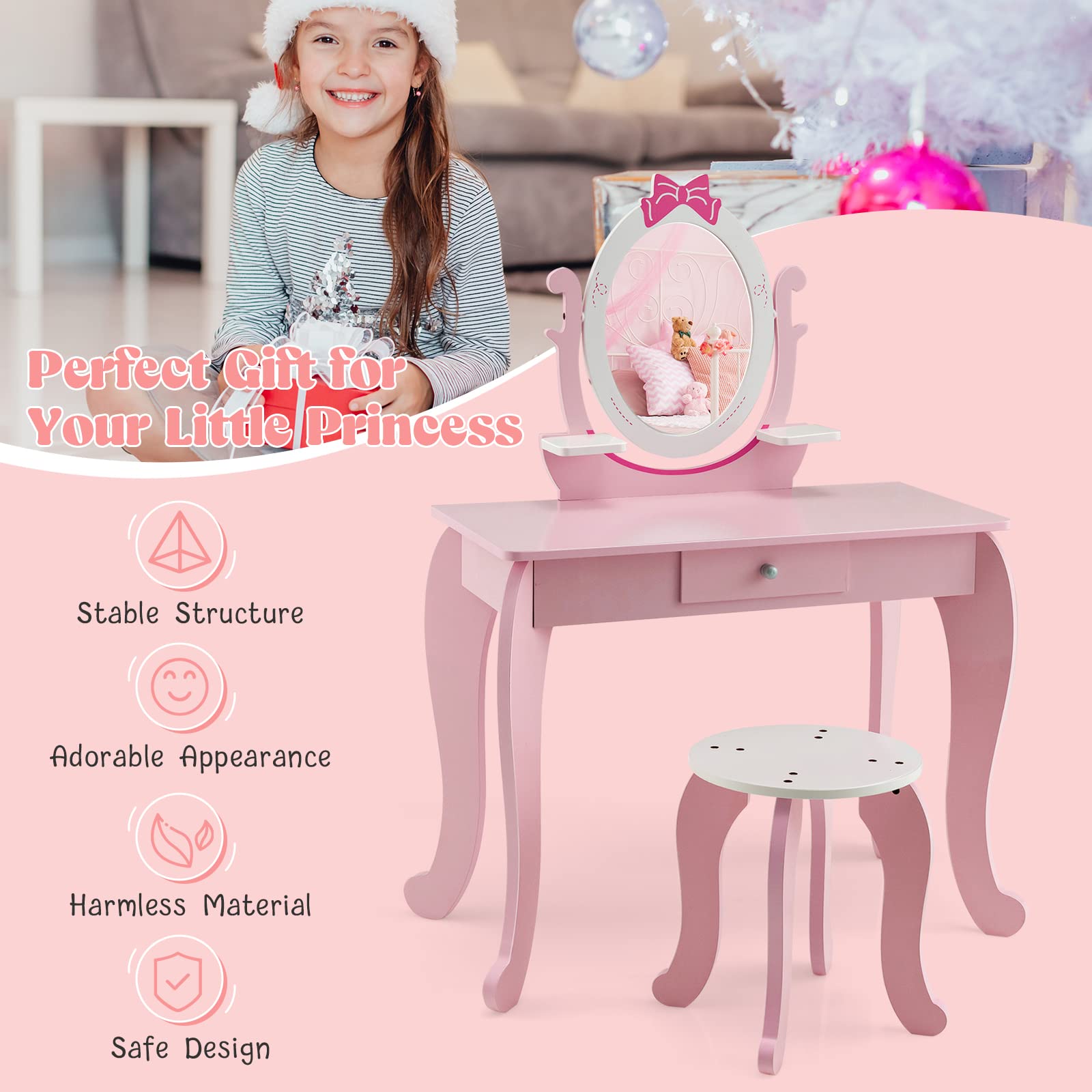 KOTEK 2-in-1 Kids Vanity with Rotating Mirror - Princess Dressing Table for Girls 3-7 - Playroom Decor