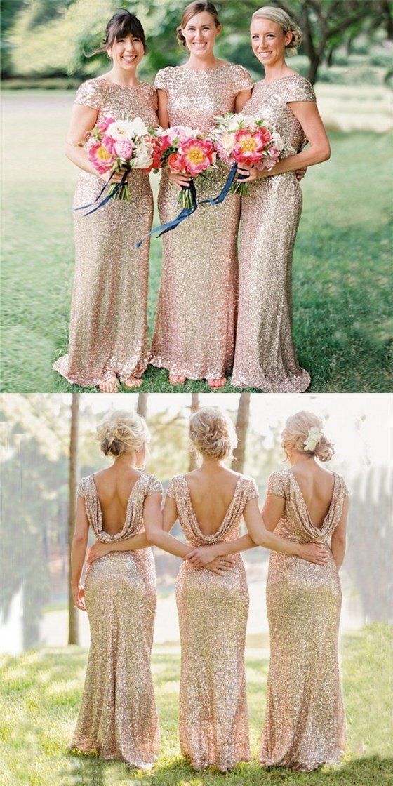 Elegant Metallic Rose Gold Sequin Bridesmaid Dress with Sleeves - Perfect for Weddings, Prom, and Formal Events