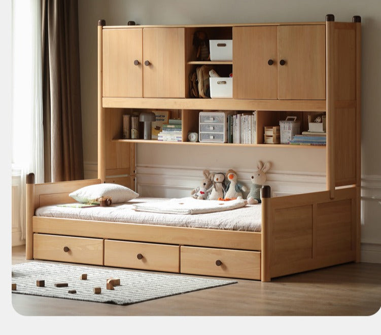 Solid Oak Wood Multi-Function Storage Bed - Queen Size Platform Bed with Underbed Drawers for Small Space Bedroom, Guest Room & Studio Apartments