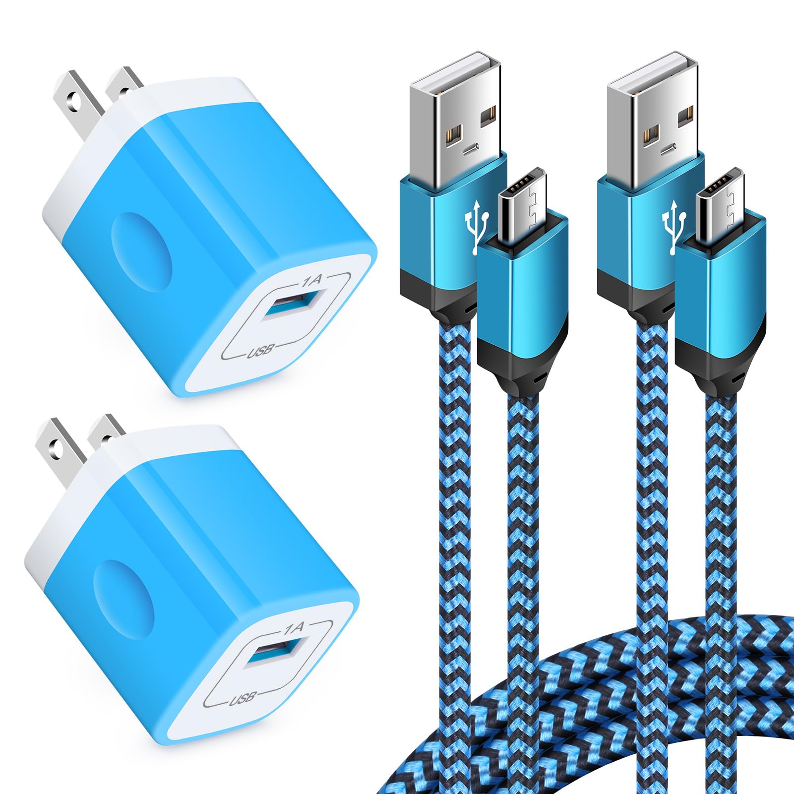 Fast Charging Micro USB Cable & Wall Plug 4-Pack - 6ft Nylon Braided Charger Cord with 1A/5V Power Adapter for Samsung Galaxy S7/S6 Edge/S4/Note 5, Moto G5 Plus/E4/G6 Play, HTC - Perfect for Home, Office & Travel Charging