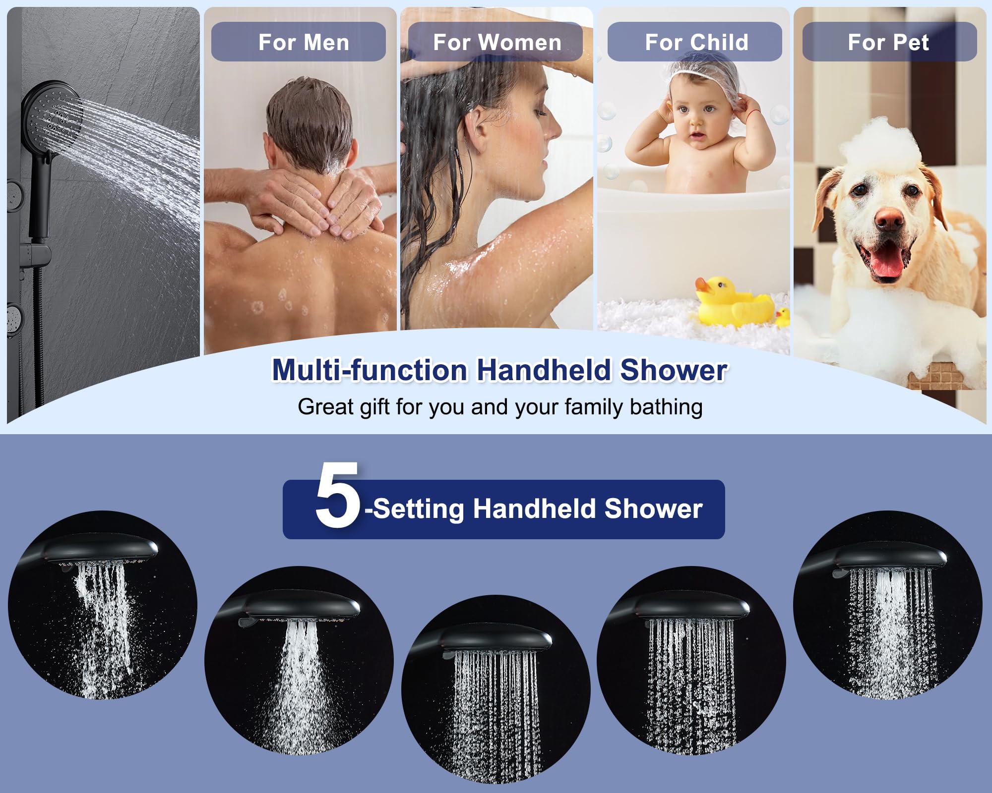 ROVATE Matte Black Shower Panel Tower System with Adjustable Rainfall Shower Head - 6 Body Massage Jets & 5-Function Handheld Shower - Stainless Steel Wall Mounted Shower Column for Spa-Like Bathroom Experience