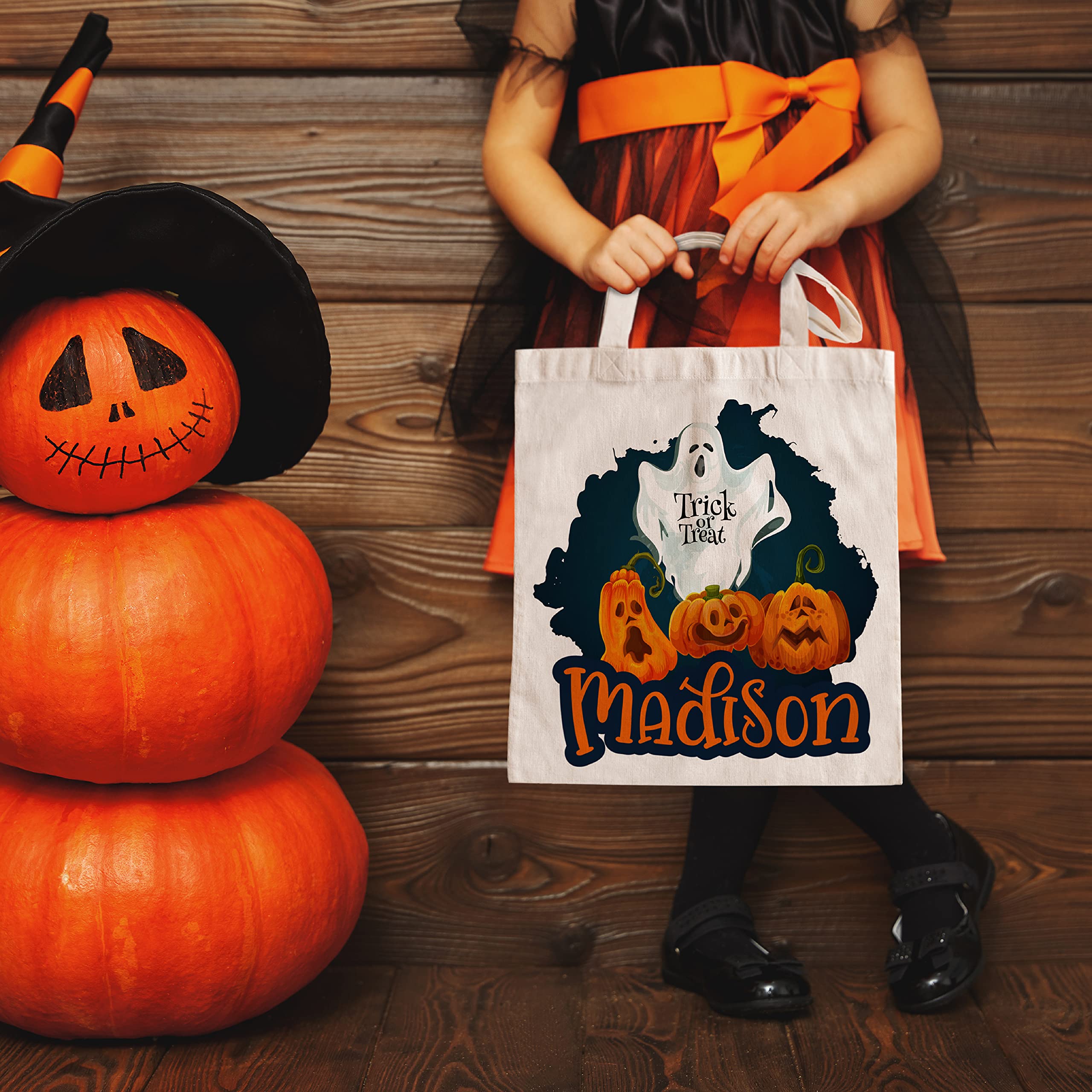 Personalized Halloween Trick or Treat Bags for Kids - Custom Name Candy Tote Bags with 12 Cute Designs - Halloween Party Favors & Gift Ideas for Trick-or-Treating, School Events and Costume Parties