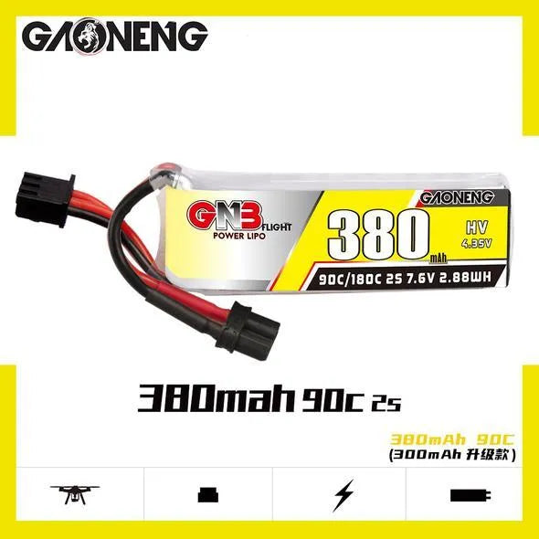 High-Performance GAONENG GNB 380mAh 2S 7.6V 90C/180C HV Lipo Battery with XT30 Plug (2-Pack) - Ideal for FPV Drones, RC Cars, and Mini Quadcopters