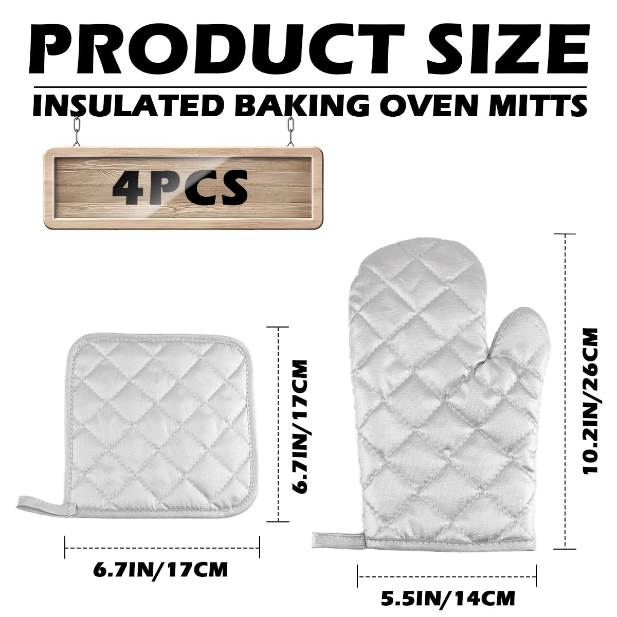 4Pcs Heat Resistant Oven Mitts & Pot Holders Set - Cotton Kitchen Gloves for Baking, Cooking, BBQ & Microwave Use - Silver Adult Size for Safe Food Handling & Hot Dish Protection