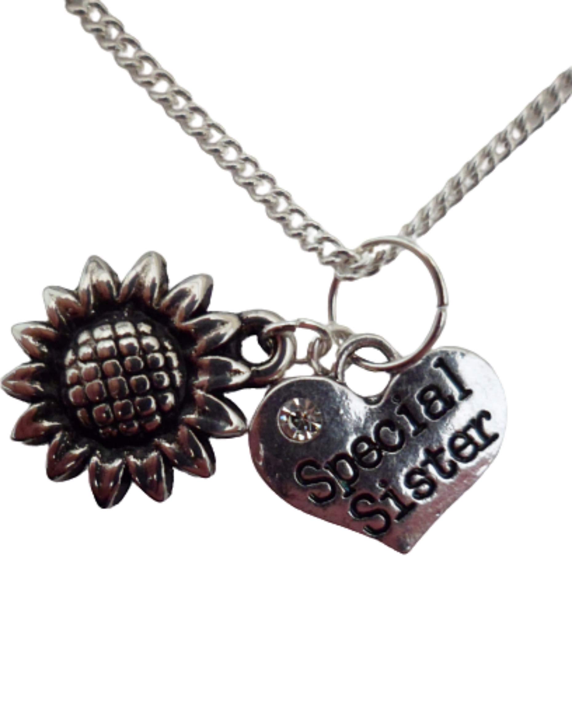 Silver Heart Necklace for Sister - Sunflower Charm Gift for Women