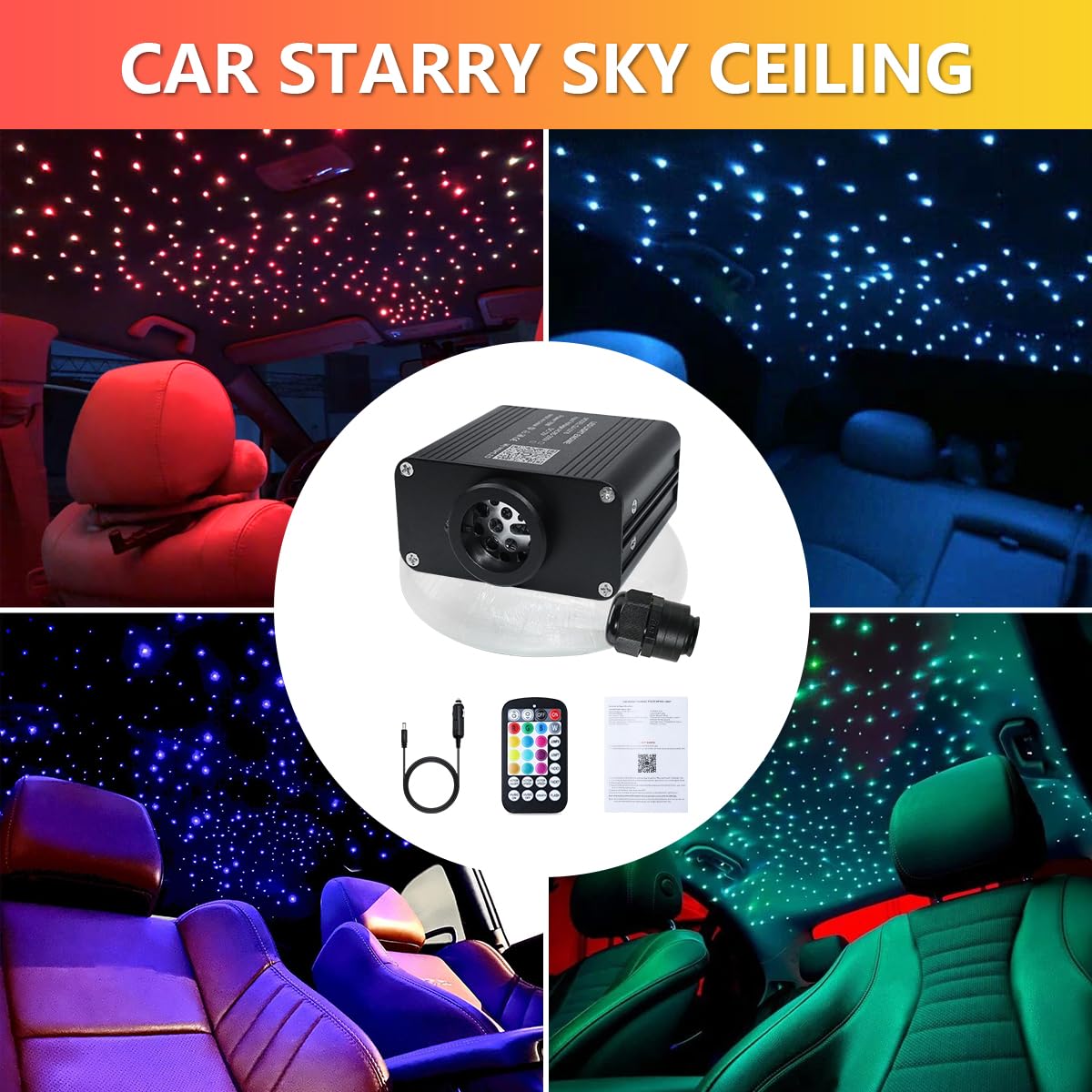 Premium Car Starlight Headliner Kit - 600 RGBW Fiber Optic Lights with Bluetooth App & Remote Control | 16W Twinkle & Sound Activated Star Ceiling Lights for Cars | Perfect for Night Driving, Car Shows & Romantic Ambience