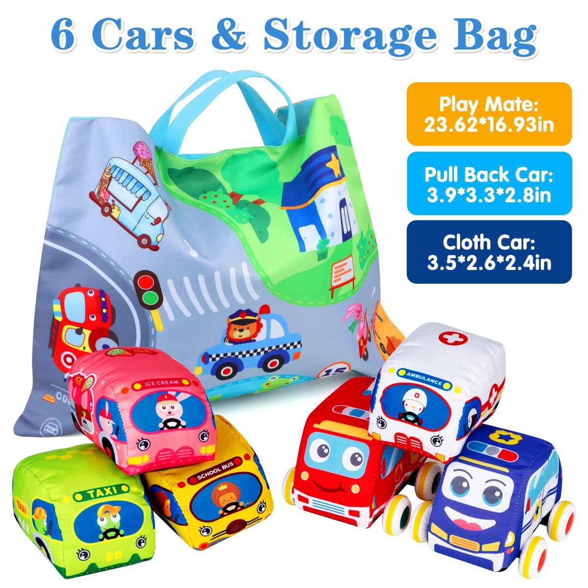 Soft Baby Car Toys for 6-18 Months - Interactive Infant Toys for 1-2 Year Old Boys & Girls with Playmat & Storage Bag | First Birthday Gifts | Perfect for Crawling, Sensory Play & Early Learning Development