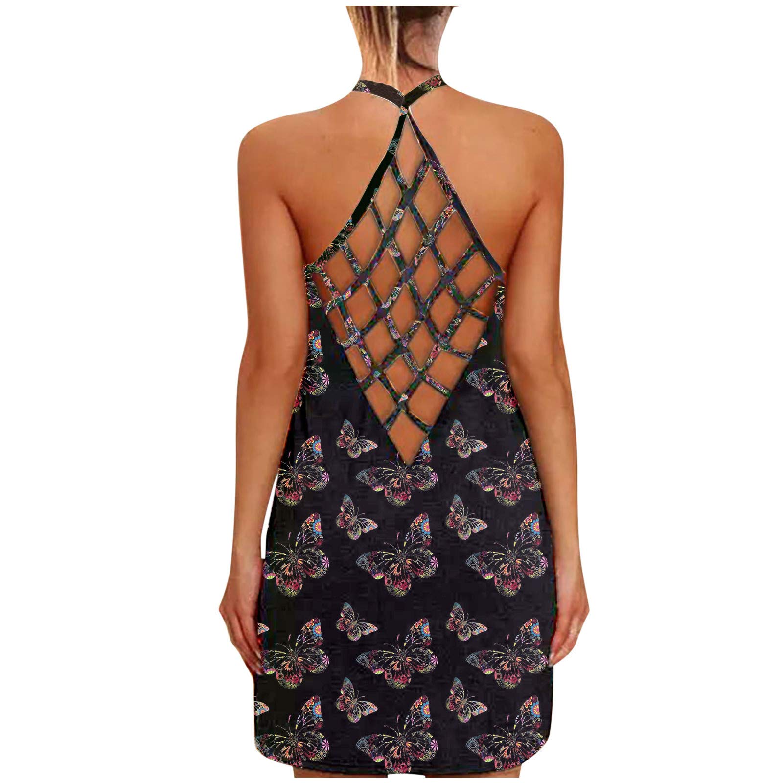 Women's Summer Floral Mini Dress - Casual Strappy Backless Boho Sundress with Hollow Halter Neckline | Perfect for Beach Vacations, Music Festivals, and Summer Outings