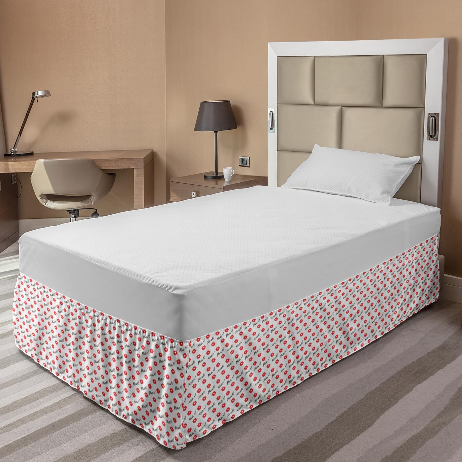 Ambesonne Red Lips Kiss Marks Elastic Bed Skirt - Romantic Feminine Bedroom Decor for Valentine's Day, Full Size Wrap Around Dust Ruffle (Vermilion/White) - Perfect for Master Bedrooms, Guest Rooms & Romantic Getaways