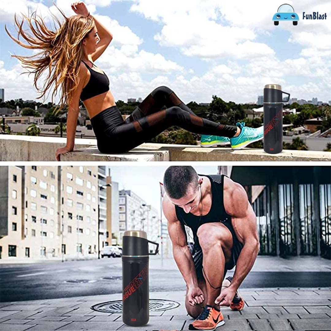 FunBlast 400ml Stainless Steel Vacuum Insulated Water Bottle - Double Wall Thermos for Hot & Cold Drinks, Leakproof Travel Mug with Cup Cap, Perfect for Coffee, Tea, Hiking, Camping & Office Use (Black, 2-Pack)