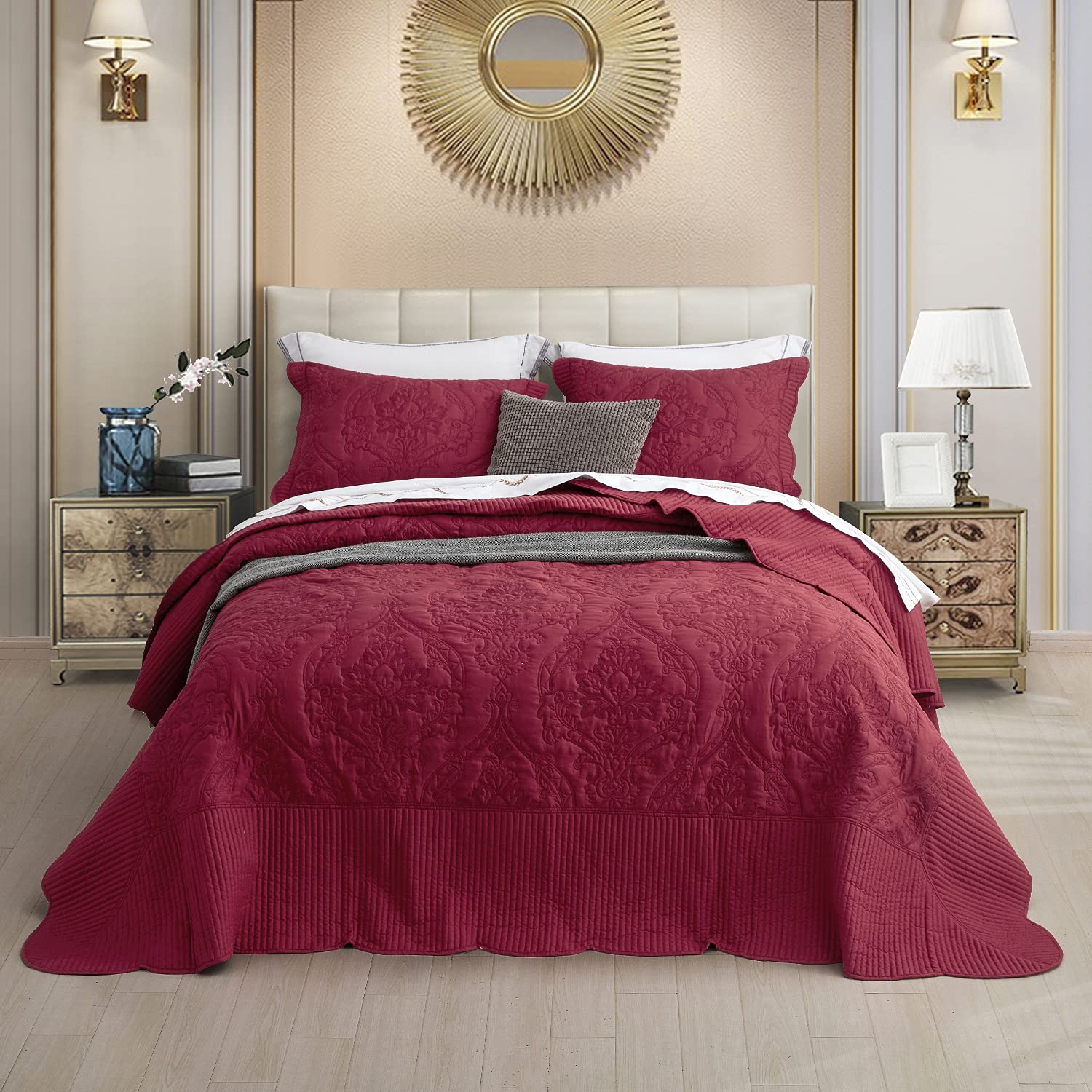 CHIXIN Full Size Lightweight Reversible Bedspread Coverlet Quilt Set - 4 Piece Bedding with Beautiful Stitching & Gorgeous Damask Paisley Pattern (Wine Red) - Perfect for Master Bedroom, Guest Room & Dorm Decor