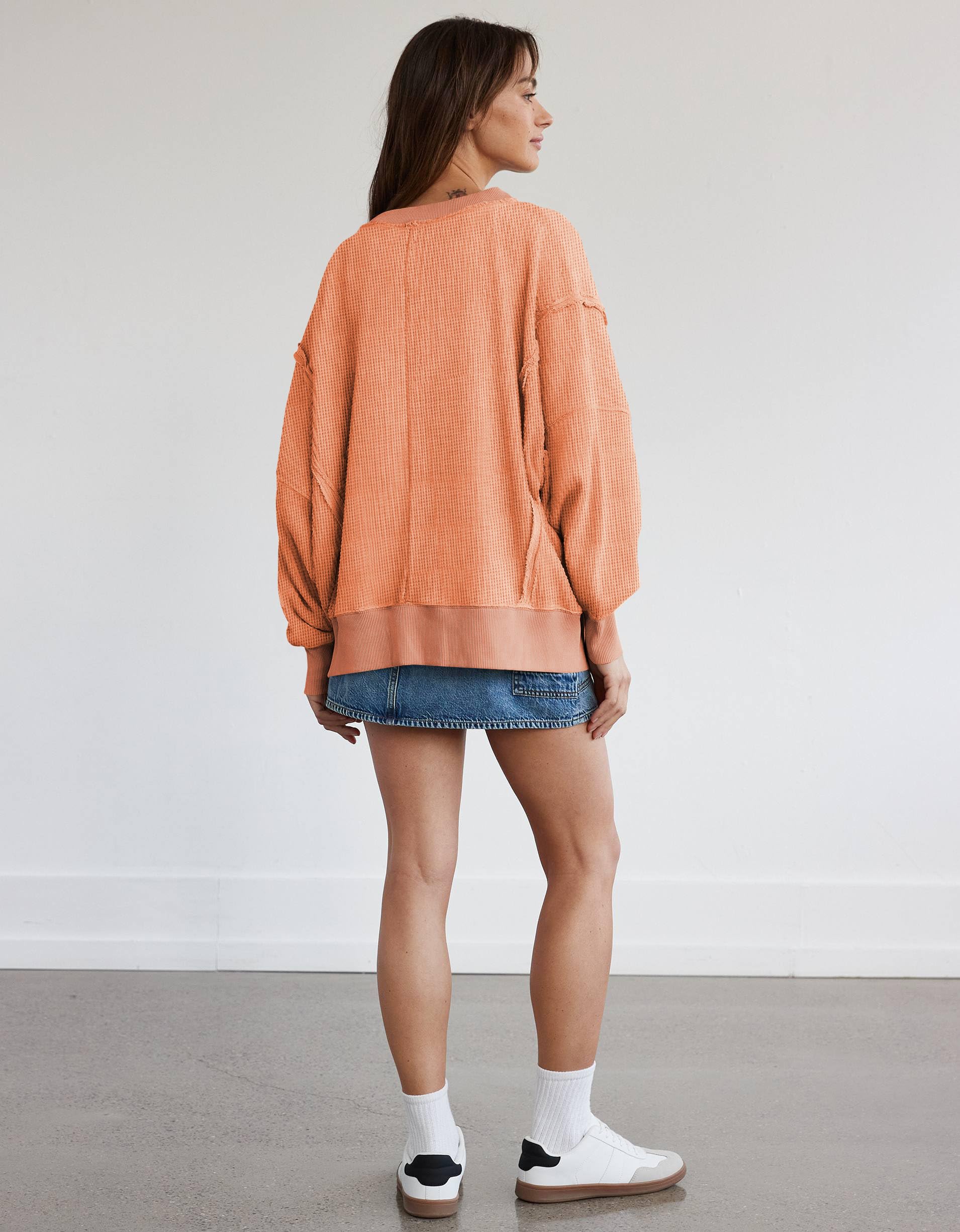 Miduo Women's Oversized Waffle Knit Sweatshirt - V Neck Long Sleeve Pullover with Reverse Seam & Side Splits | Cozy Casual Loungewear for Fall & Winter | Perfect for Work, Travel, and Relaxing at Home