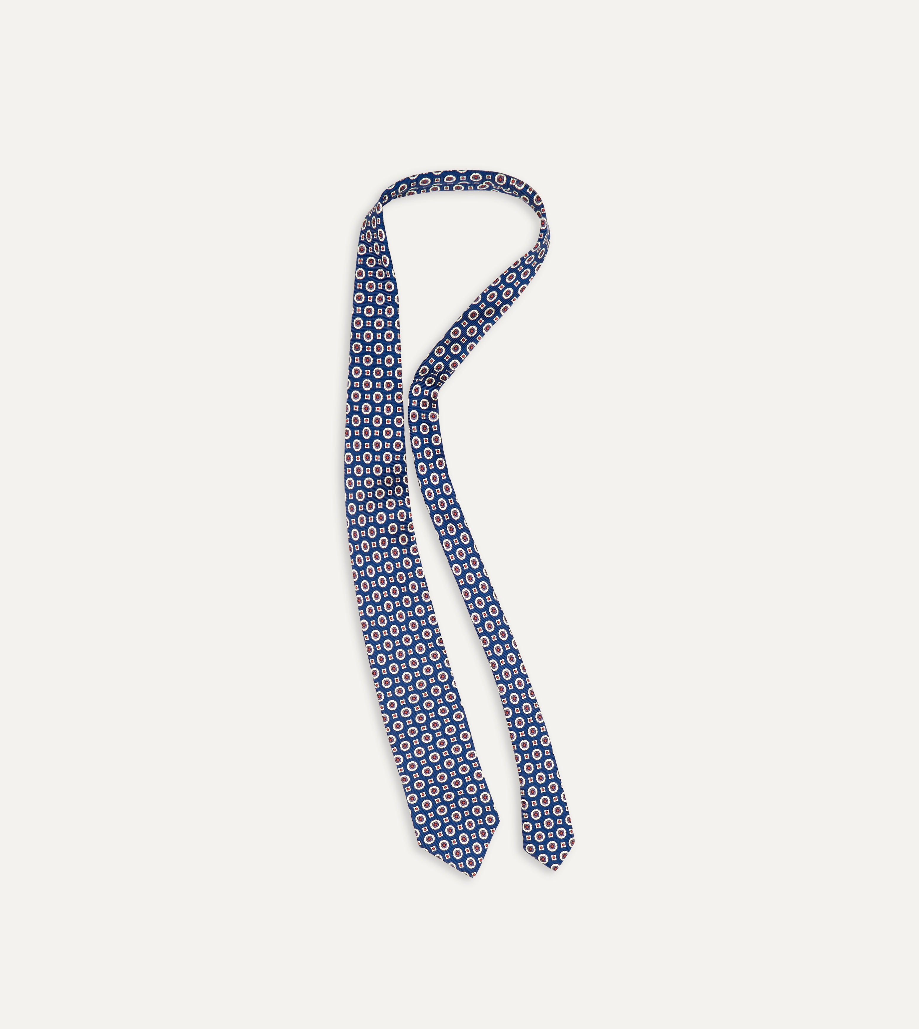 Blue and Red Geometric Medallion Print Silk Foulard Tie for Men - Elegant Designer Necktie for Business, Weddings & Formal Occasions