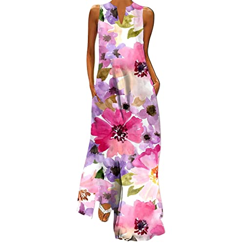 Fudule Women's Plus Size Casual Sleeveless Long Maxi Dress with Pockets - Flowy Loose Fit Summer Beach Dress (Pink, Style C-0404-M70) | Perfect for Vacations, Outdoor Parties & Boho Fashion
