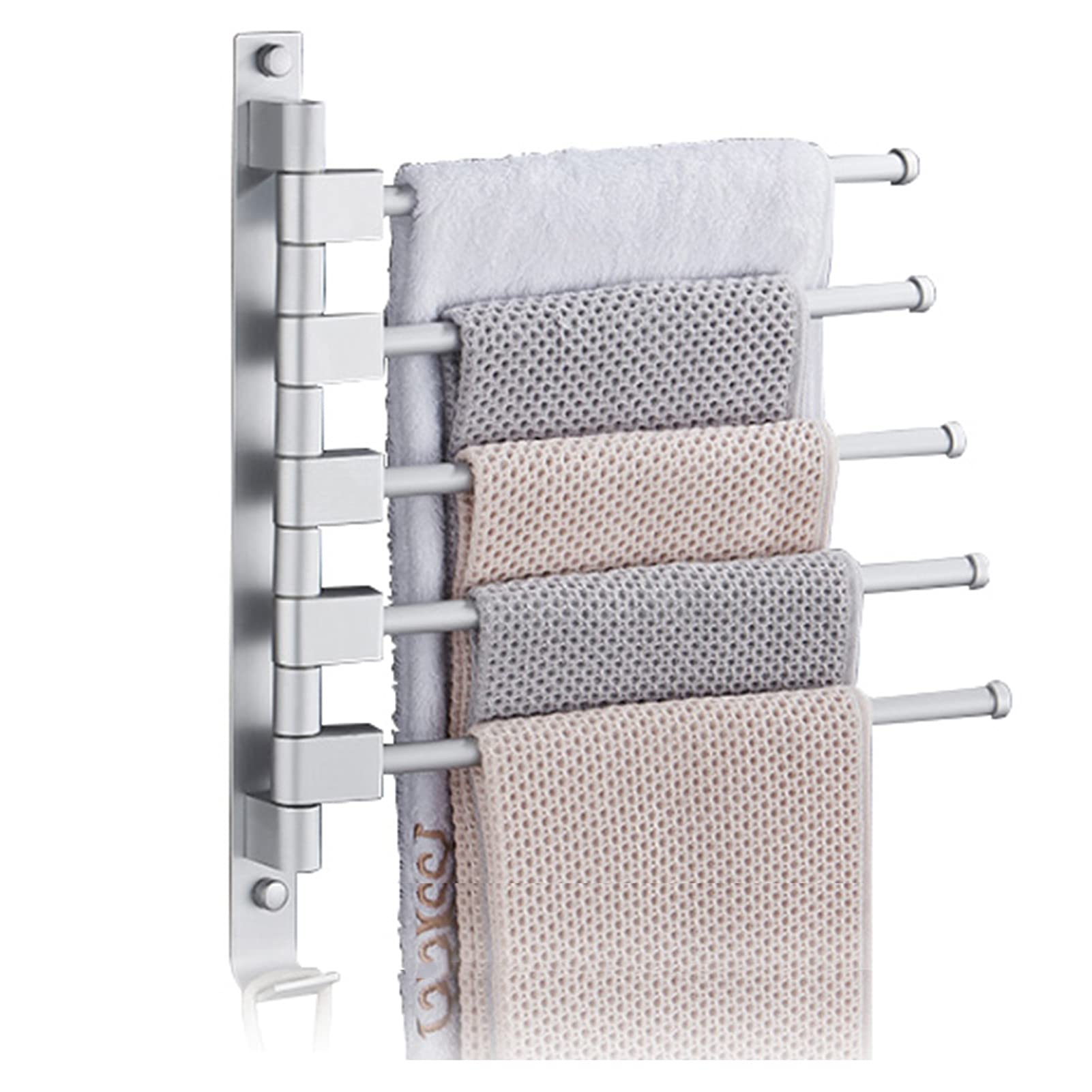 4-Arm Swivel Towel Bar - Wall Mounted Rustproof Bathroom Towel Holder with Hooks & Matte Finish (5 Pack) - Perfect for Small Bathrooms, Laundry Rooms & Kitchen Towel Organization