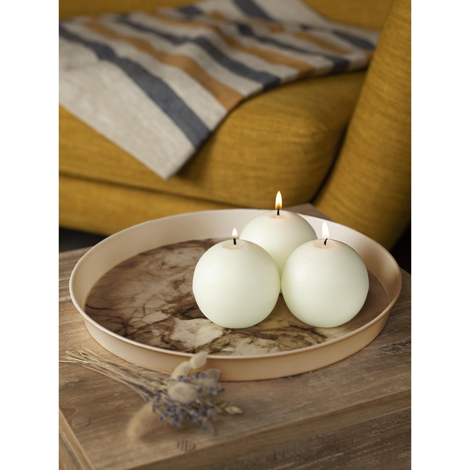 CANDWAX Set of 3 Unscented Round Ball Candles (3 Inch) - Long Burning Ivory Decorative Candles for Wedding, Romantic Home Decor & Table Centerpieces