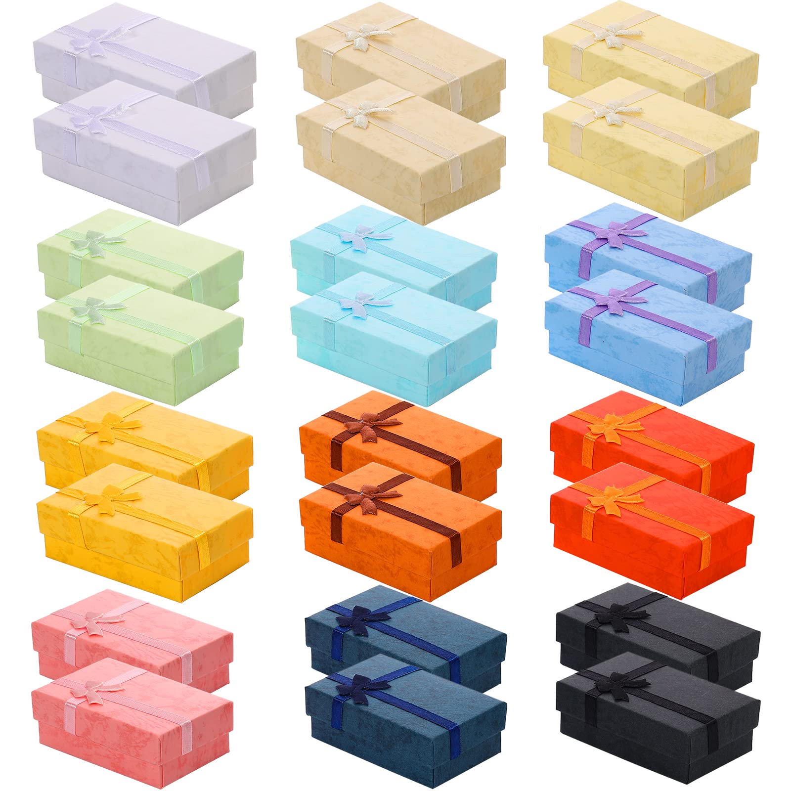 Sureio 24 Pack Jewelry Gift Boxes - Premium Cotton Filled Cardboard Jewelry Storage Cases for Bracelets, Bangles & Necklaces - Elegant Ribbon Bow Design in 12 Colors - Perfect for Birthday Gifts, Wedding Favors & Special Occasions