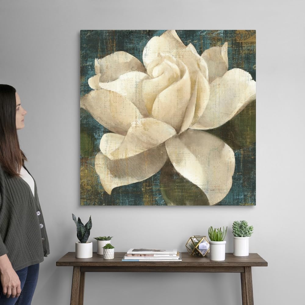 Albena Hristova Gardenia Blossom Turquoise Canvas Wall Art Print - 36x36 Inch Contemporary Floral Painting, Spring Home Decor, Traditional Botanical Artwork for Living Room, Bedroom & Office Wall Decor
