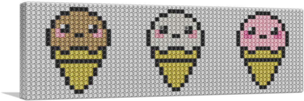 ARTCANVAS Chocolate Vanilla Strawberry Ice Cream Cone Pixel Art Print - Framed Canvas Wall Decor 48x16 Inches - Sweet Treat Painting for Kitchen, Diner & Ice Cream Shop Decoration