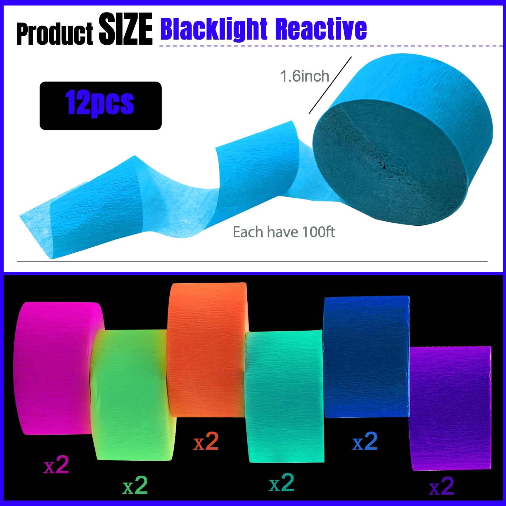 1200ft Neon Glow in The Dark Blacklight Reactive Fluorescent Crepe Paper Streamers - UV Party Decorations for Halloween, Rave, Birthday & Glow Parties - Perfect for Nightclubs, Dance Floors & Themed Events