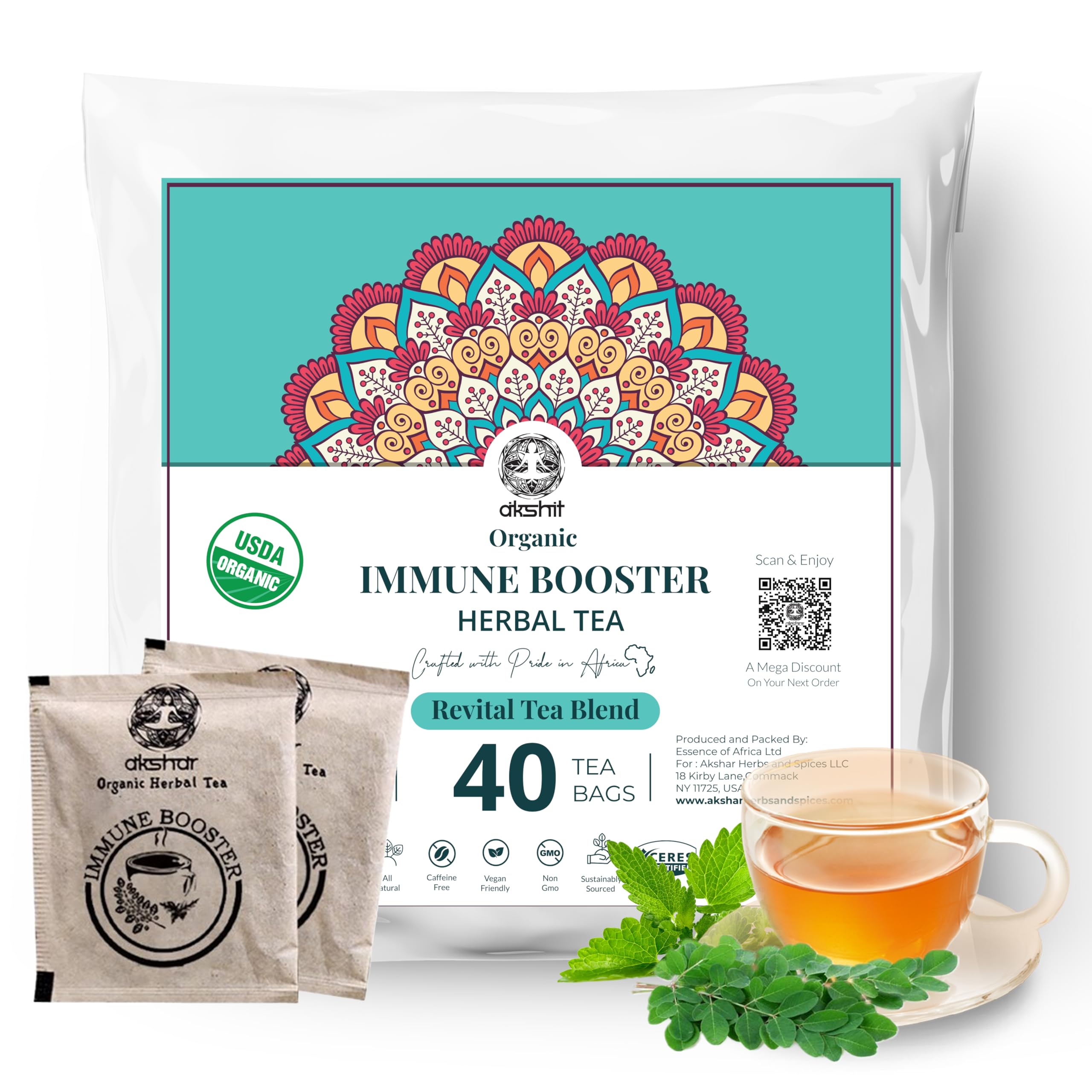 Organic Moringa Tea Bags - 40 Count | Caffeine-Free Herbal Tea Blend with Dried Moringa Leaves, Peppermint & Holy Basil | Natural Immune Support | Perfect for Relaxation, Detox & Wellness Routine