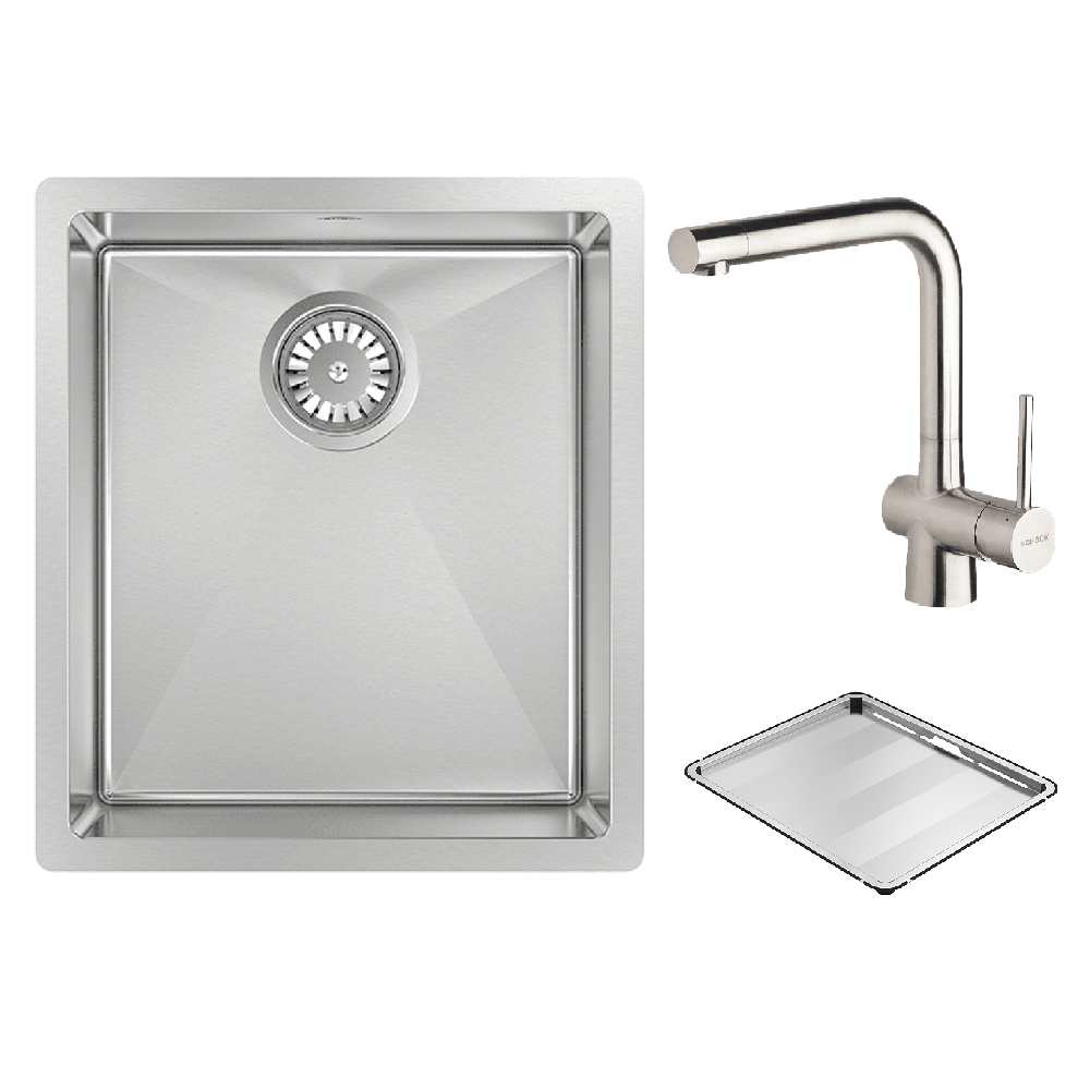 Abey Alfresco 380x440mm Single Bowl Stainless Steel Kitchen Sink FRA340T - Topmount/Undermount with Mixer & Tray (DTA18 316 + 517000) - Perfect for Outdoor Kitchens & BBQ Areas