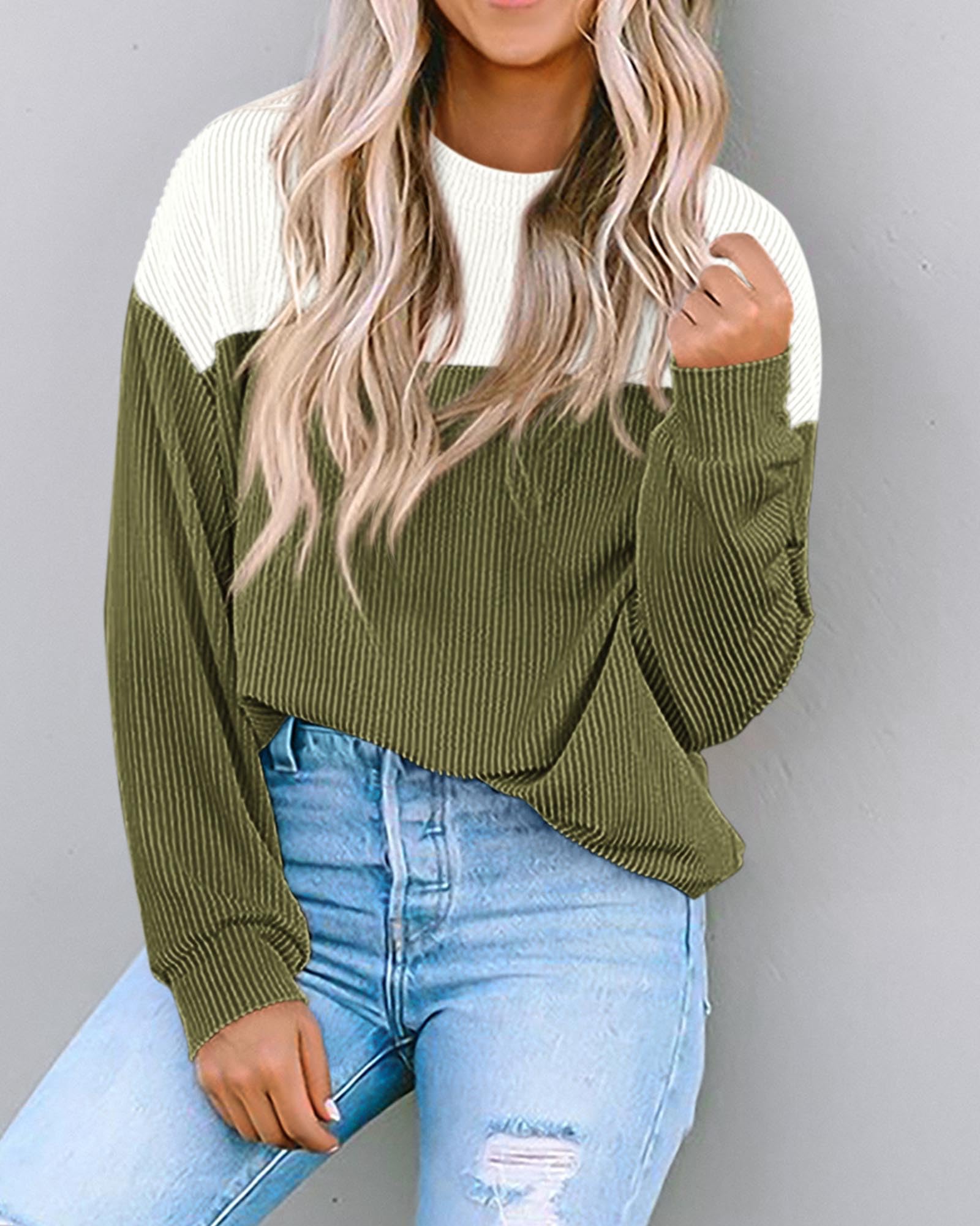 KIRUNDO Women's Spring Fashion 2025 Ribbed Long Sleeve Knit Top - Color Block Casual Loose Crewneck Pullover Shirt for Women | Perfect for Office Wear, Weekend Outfits & Layering in Spring