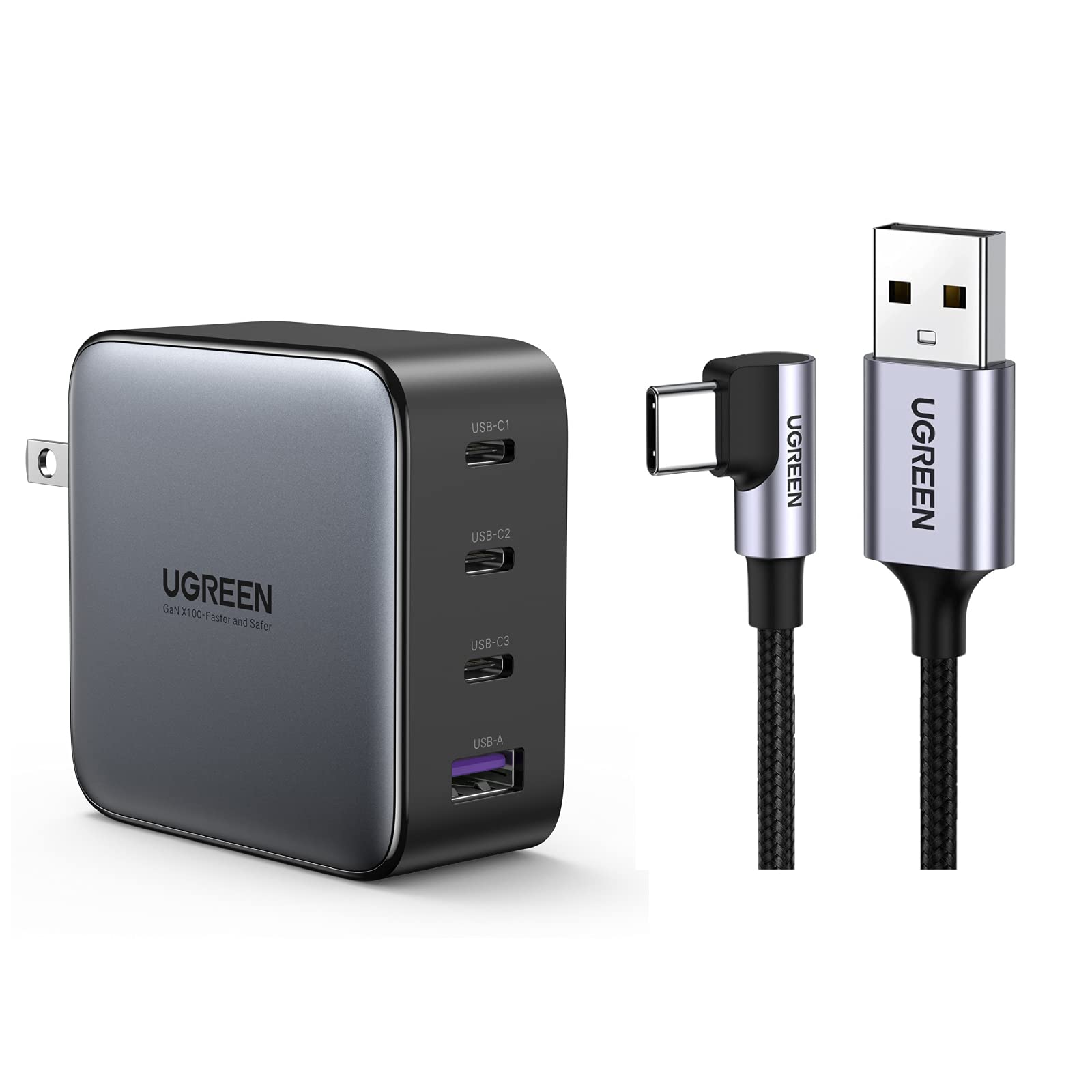 UGREEN 100W USB C Multiport Charger 4-Port Fast Charging Station with 90 Degree Right Angle USB C Cable (3FT) - Compatible with Galaxy S21/S20/Note20, LG G8/G7, GoPro Hero - Perfect for Travel, Office & Home Charging Multiple Devices